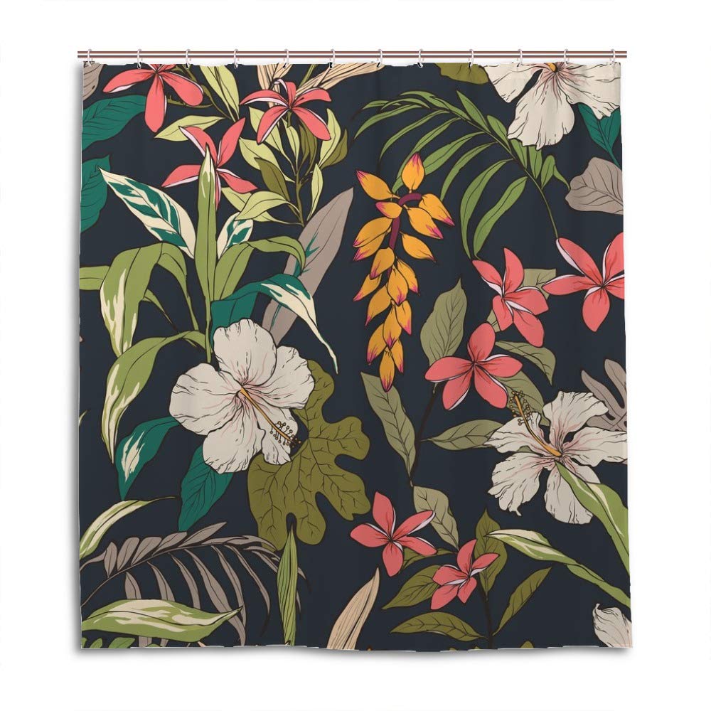 Rideau de douche lavable en machine à motif floral tropical avec 12 crochets en C inclus
