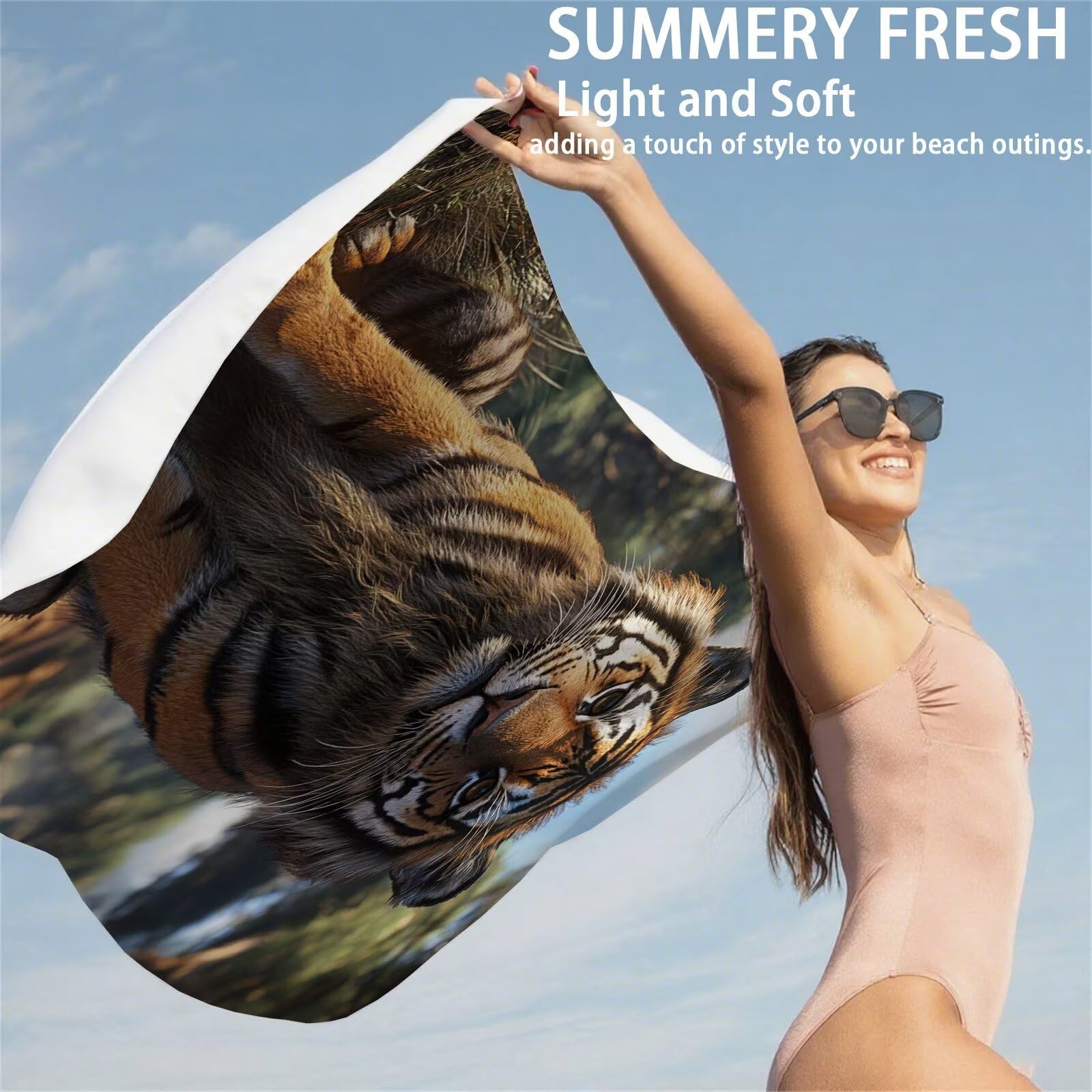 Ręcznik plażowy z mikrofibry 220 x 100 cm, prześcieradło plażowe przeciw piaskowi, tygrys ręcznik plażowy XXL, ręcznik plażowy ze zwierzętami, szybkoschnący, miękki, bardzo chłonny, szybkoschnący do