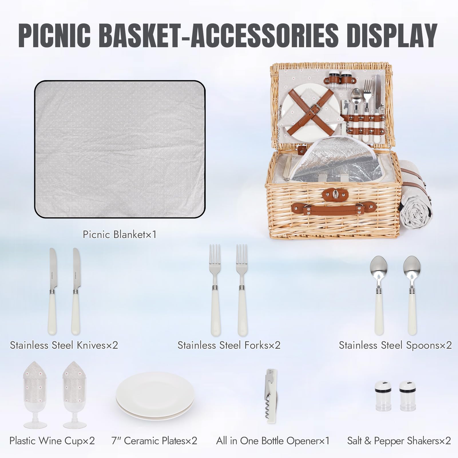 HappyPicnic Lot de 2 paniers de pique-nique en osier avec couverture imperméable et doublure isolante, grand panier en saule fait à la main avec kit de couverts pour l'extérieur, pique-nique, etc