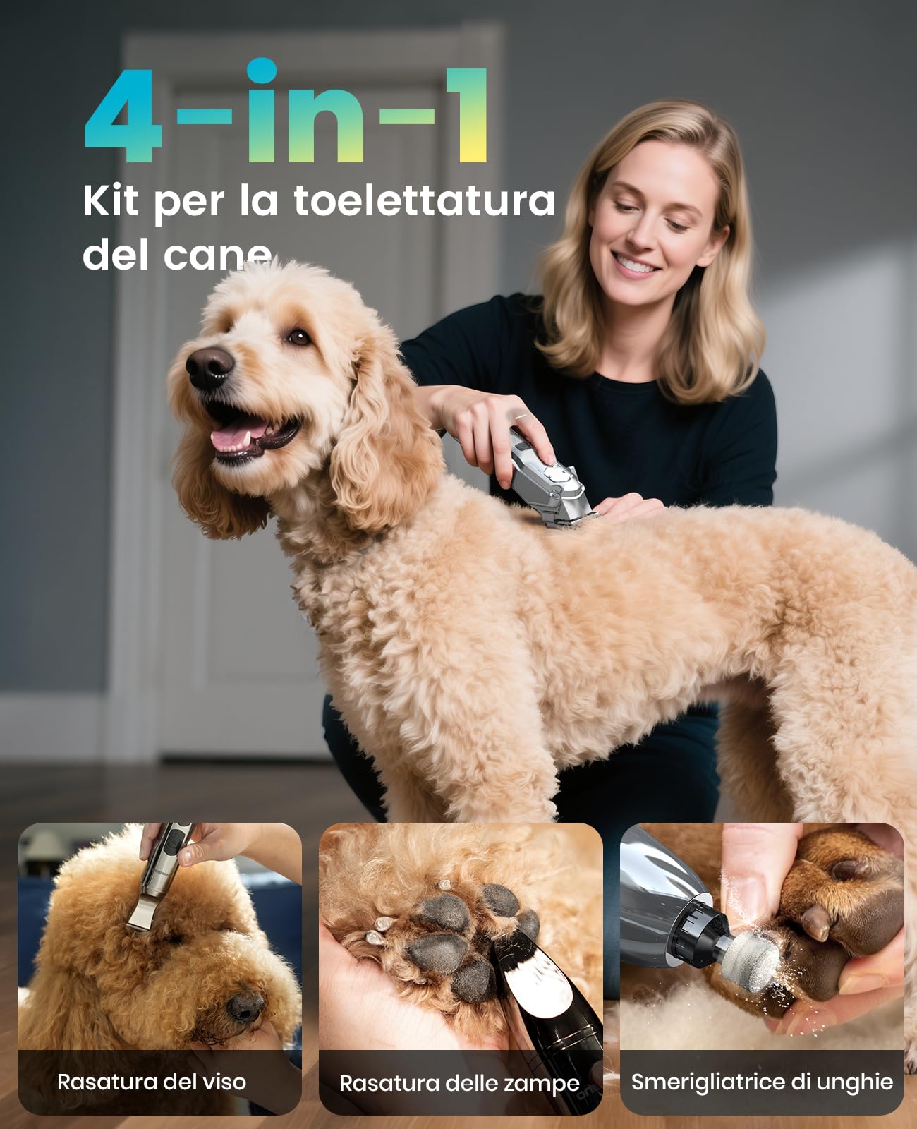 oneisall 4 in 1 Tosatrice per cani con pelo folto/denso, silenziosa Tosatrice professionale/tagliaunghie/limatrice per cani di piccola e grande taglia e gatti, batteria da 4 ore