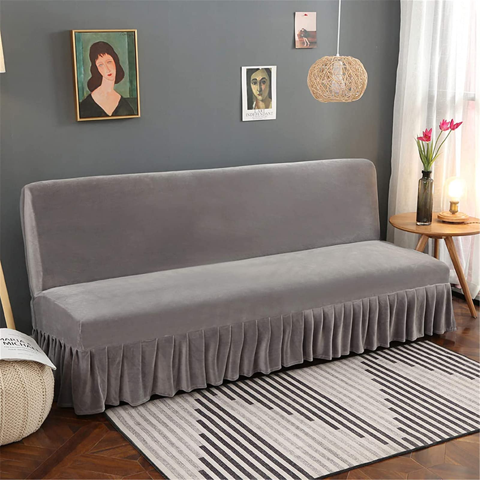 Elegante funda de futón de terciopelo gris claro con falda de volantes, funda elástica sin brazos, versátil, protector de sofá, resistente a la piel, para decoración moderna del hogar