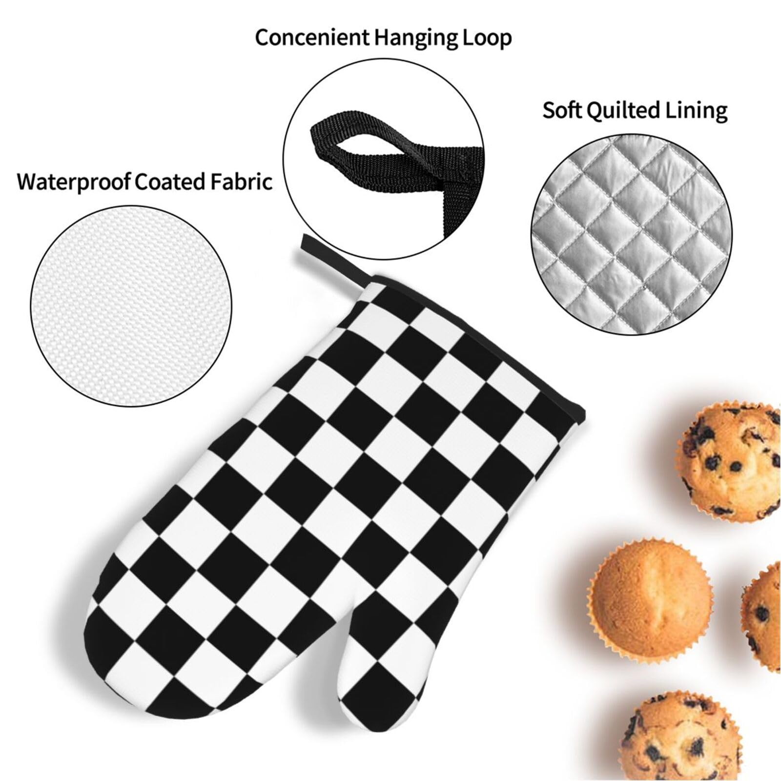Juego de 4 manoplas de horno y agarraderas con estampado a cuadros en blanco y negro, juego de 4 guantes de horno y agarradera adecuados para barbacoas, hornear, cocinar en microondas