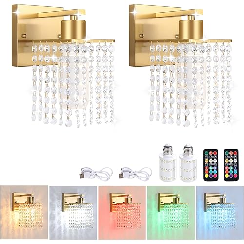 Shenmoyl Set of 2 Crystal Battery Operated Wall Sconce,Rechargeable Wall Lamp with 5200mAh Battery & Remote Control, Modern Dimmable Wireless Wall Lights for Bedroom Bathroom (Clear, Gold Base)