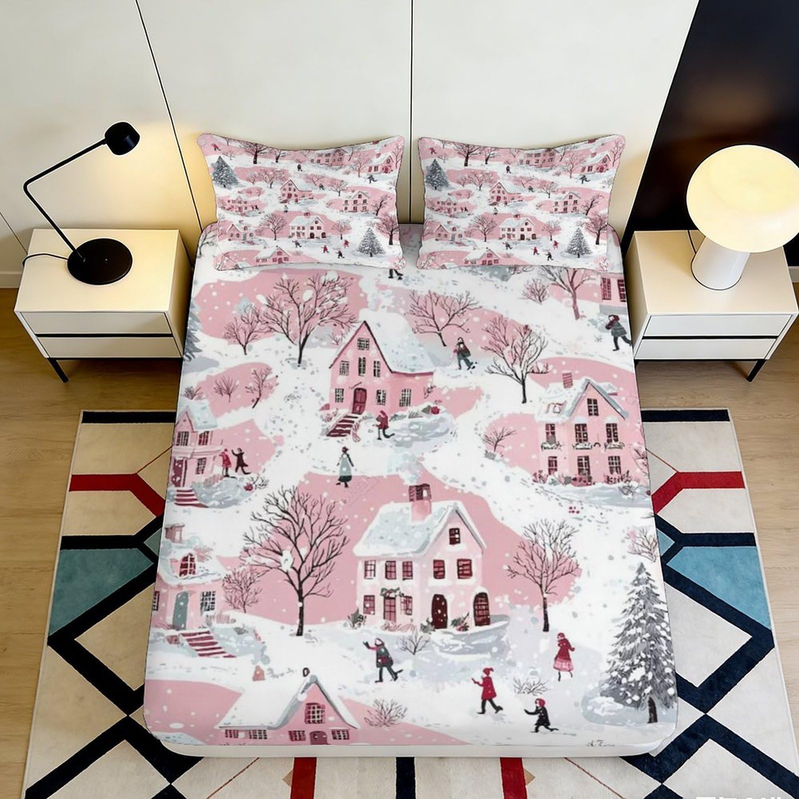 3D Printed Winter Snow Village Fitted Sheet Microfiber Soft Durable Pink Bed Cover for Bedroom Dormitory Guest Room Mattress Protection 200x200x25cm