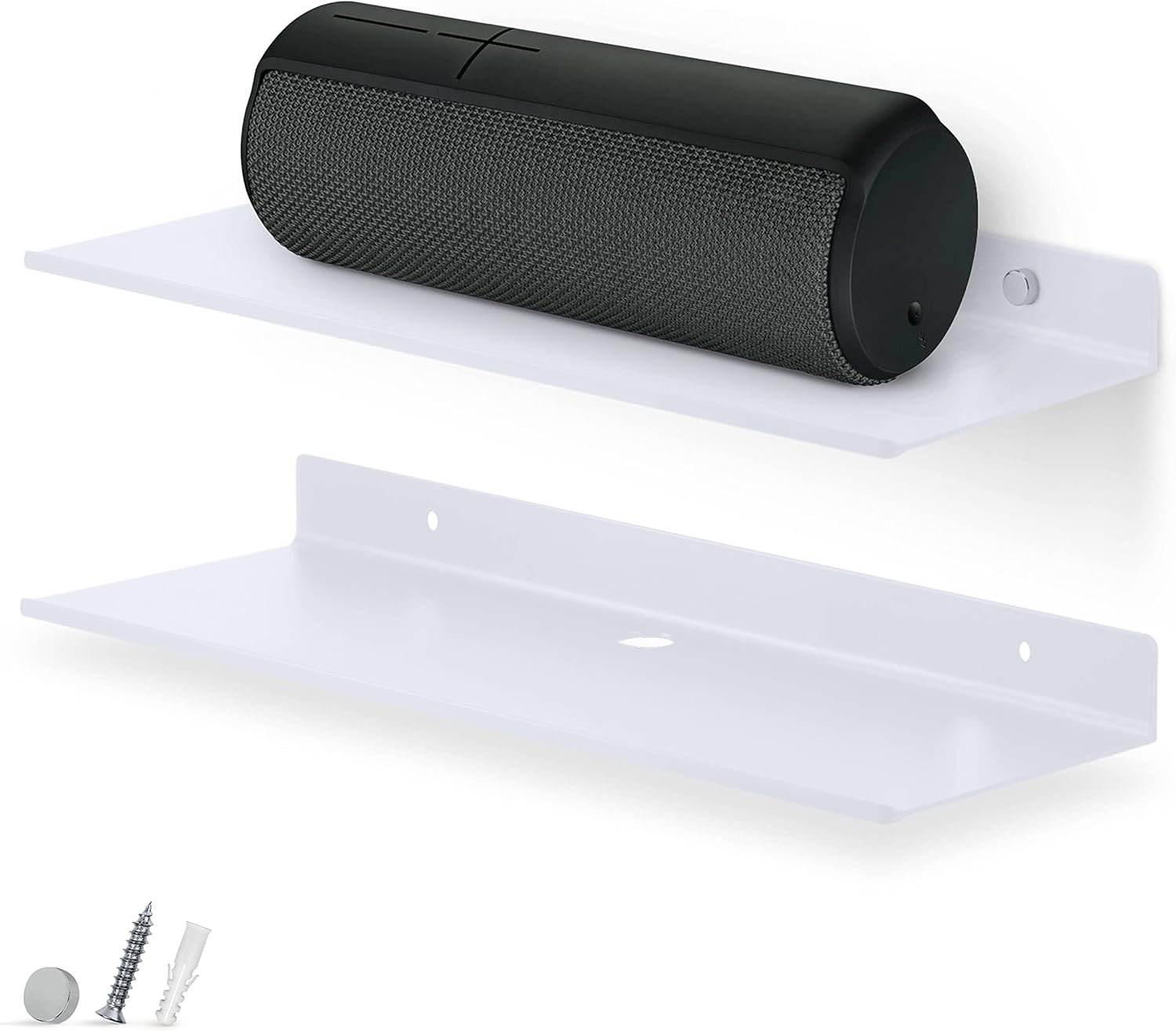 BRAINWAVZ 2-Pack 12" Floating Metal Wall Shelf for Books, Organizer, Speakers, Plants, Cameras, Books, Decor Display, Storage, Routers & More Wide Universal Holder Shelf (White)