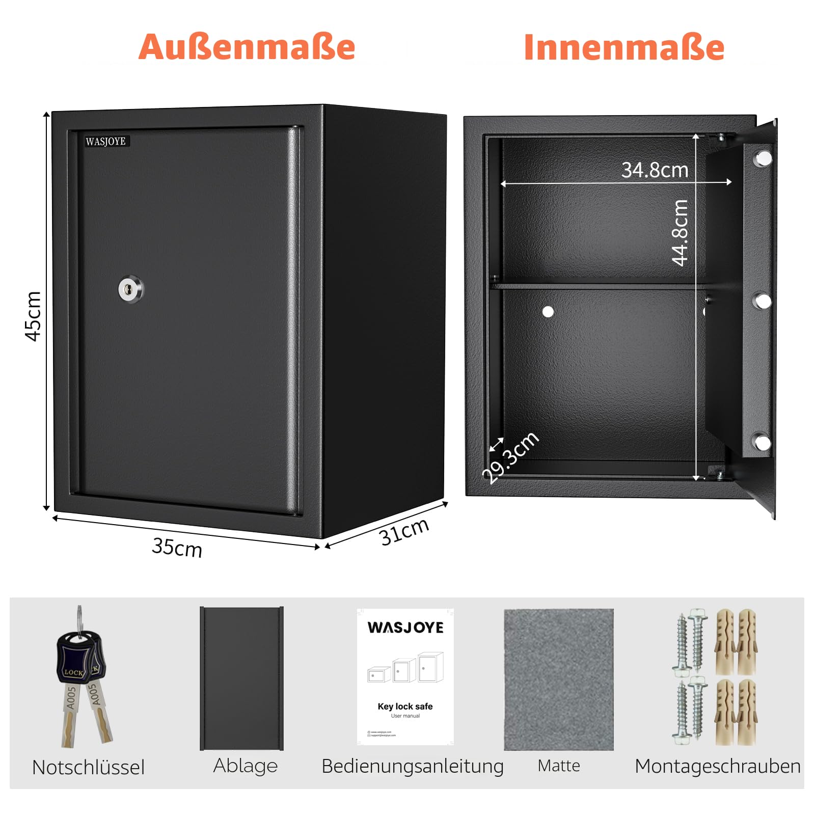 Safe Tresor mit Schlüssel, WASJOYE Möbeltresor mit Schlüssel-Schloss für Zuhause/Büro, 49L Groß Wandtresor mit 2 Schlüssels für Geld Schmuck Medikamente und Dokumentieren, (45 * 35 * 31cm)