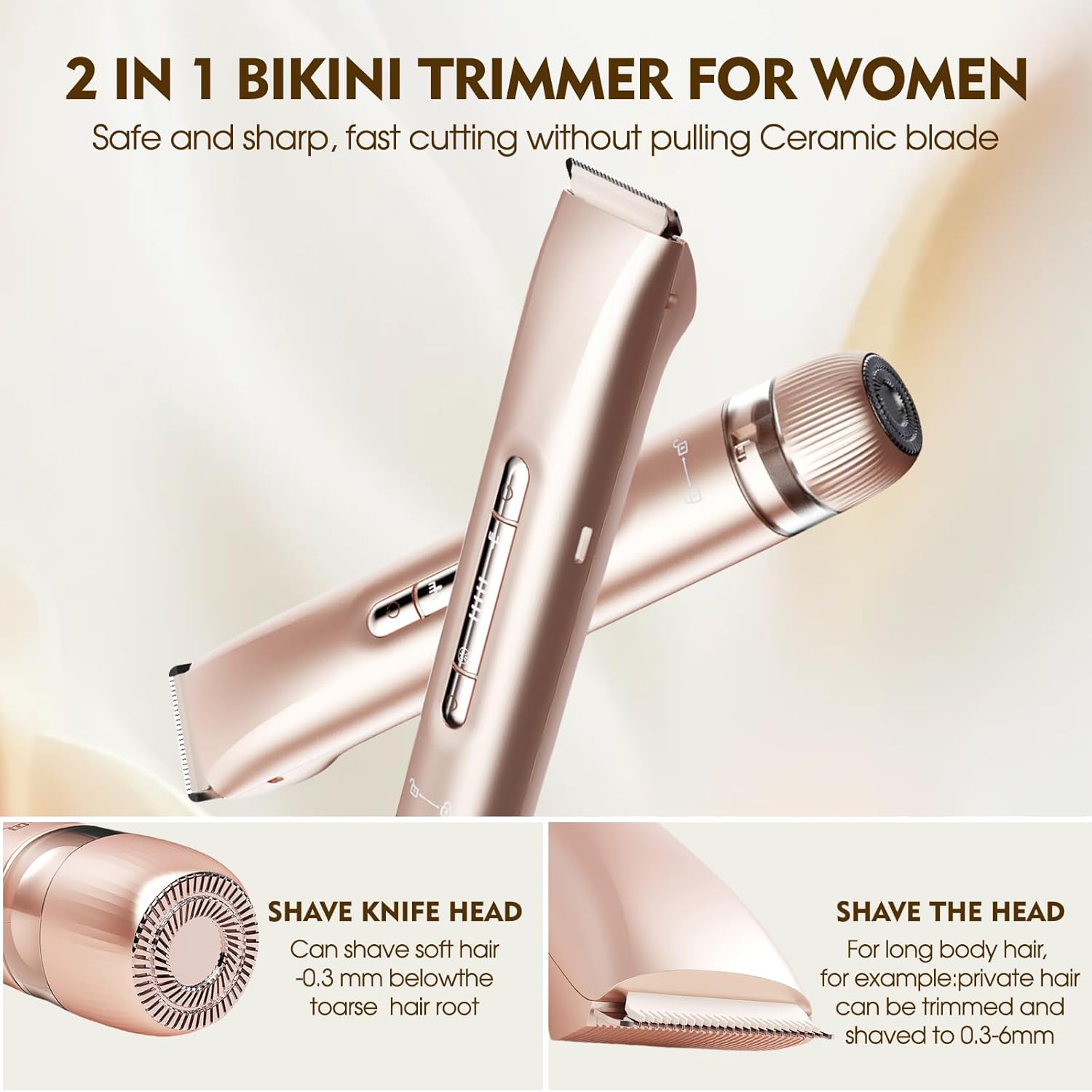2-in-1 Electric Razor for Women – Bikini Trimmer & Body Shaver, Painless Waterproof Cordless, Ceramic Blades, USB-C Fast Charging, Gift for Women (Gold)