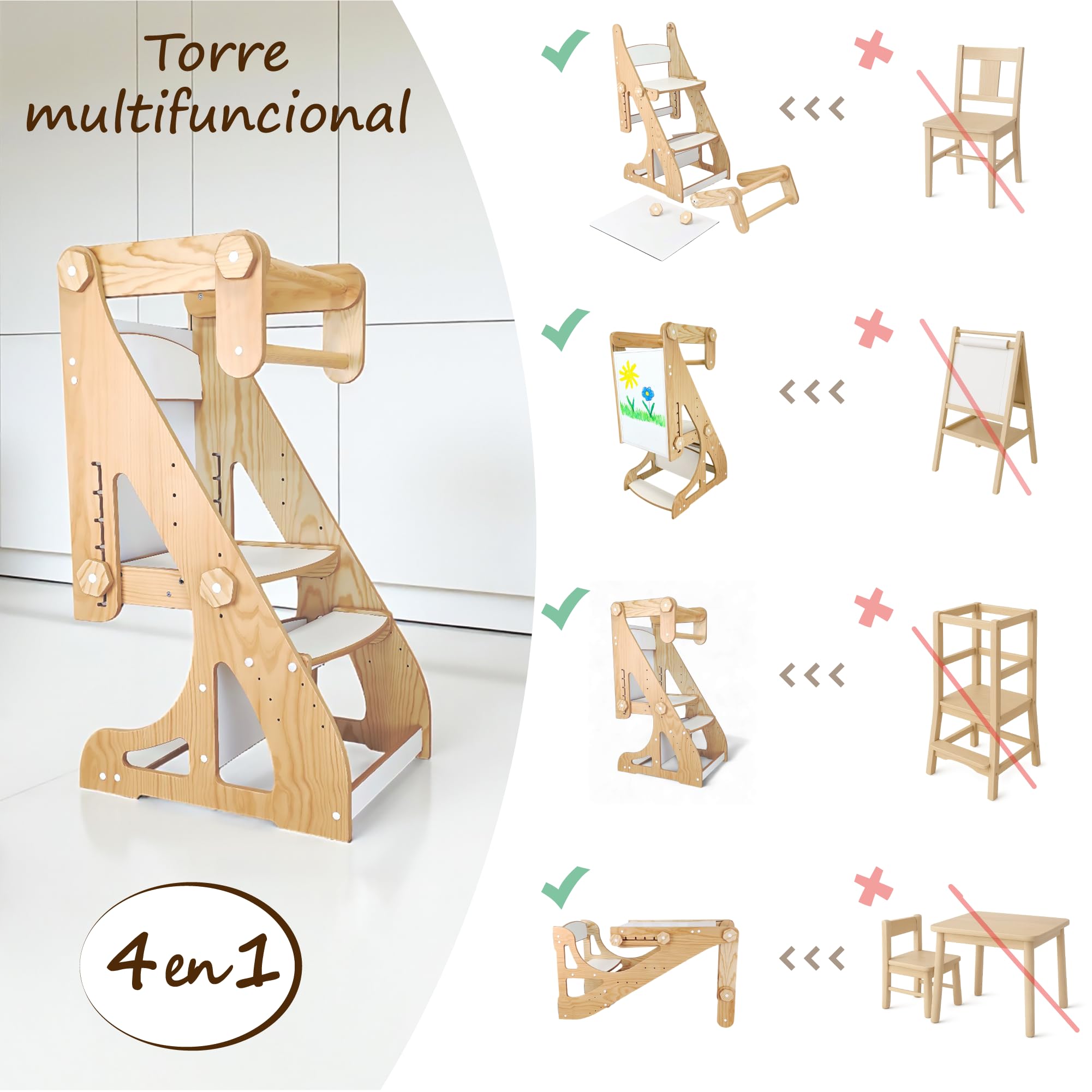 Torre Montessori 4 en 1 para niños – Torre de Aprendizaje, Mesa con Silla, Pizarra Infantil y Silla Evolutiva Ajustable – Madera Segura, 2 a 9 años (Pino)