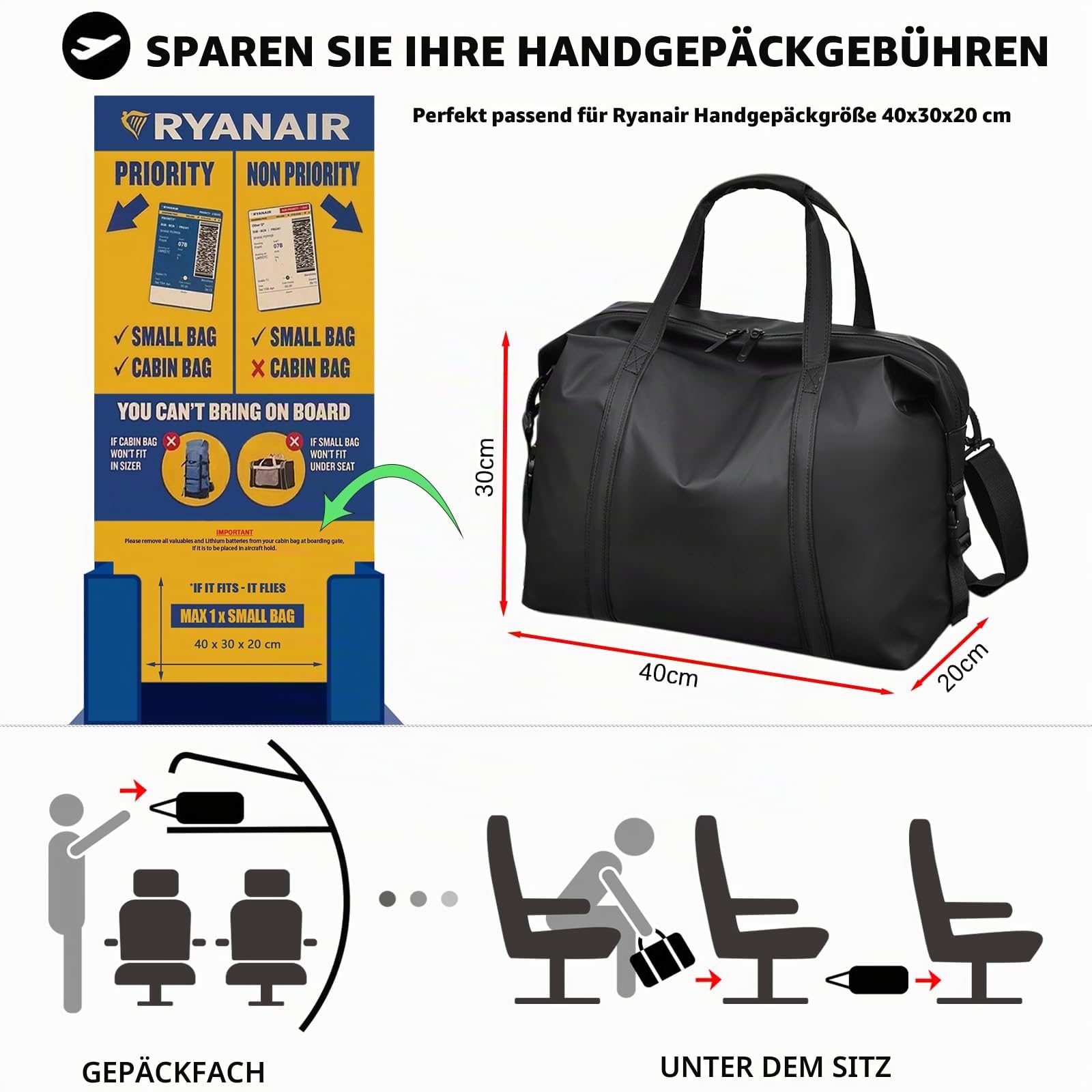 Reisetasche für Ryanair Handgepäck 40x30x20, Wasserdichtes PU Leder Reise Tasche mit Schulterriemen, Weekender für Herren und Damen