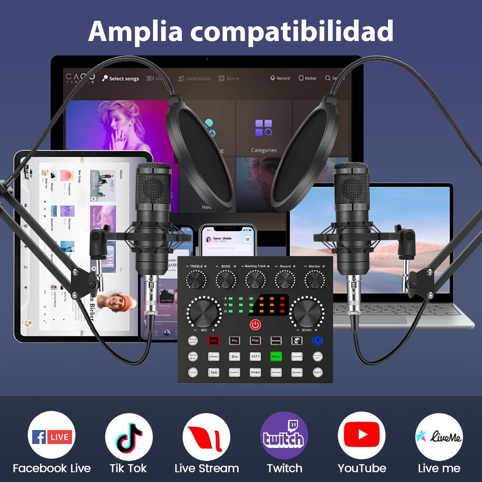 Brvomussy Paquete de Equipo de Podcast para 2, Cambiador de Voz y micrófono de Condensador - Set de micrófonos de Podcast para Gamers, podcasting, grabación, Canto y Streaming.