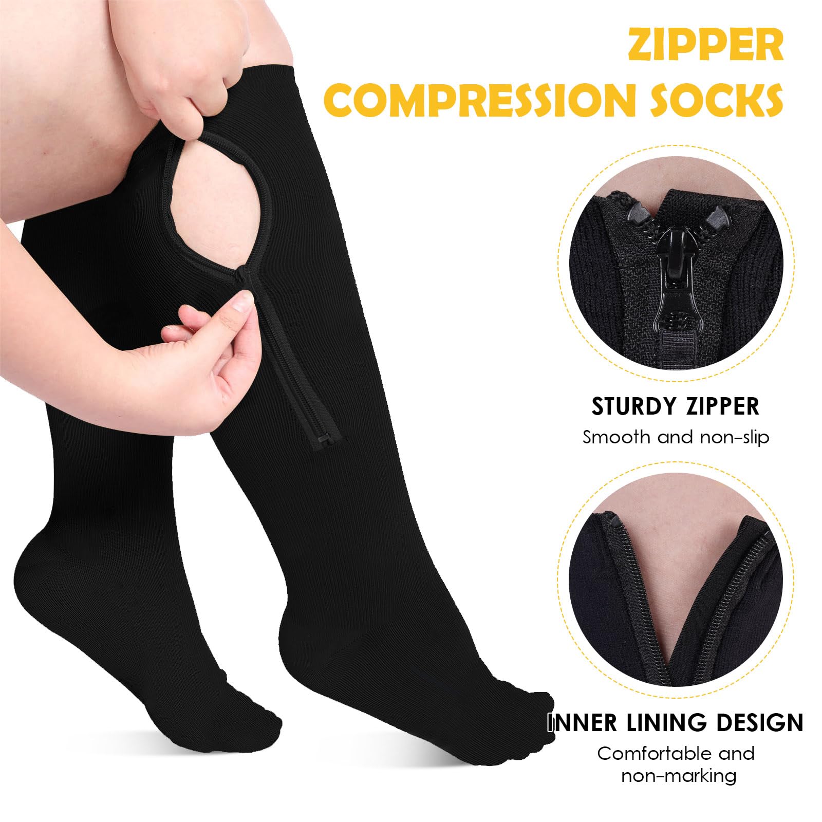 Oxzawg Zipper Plus Size Compression Socks for Women & Men Wide Calf, 15 mmHg Knee High Graduated Support for Circulation, Extra Large Black Socks