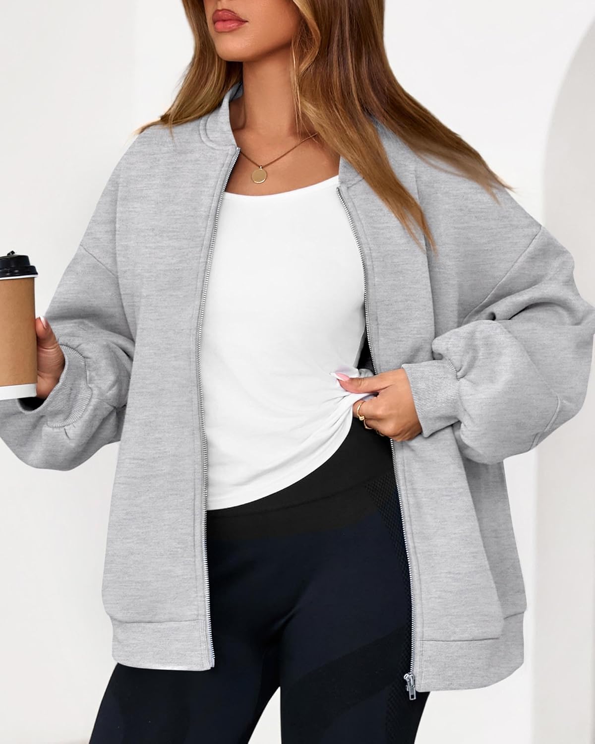 KIRUNDO Oversized Sweatshirt for Women Zip Up Bomber Jacket 2026 Fall Fashion Casual Long Sleeve Outerwear Winter Outfits - Image 8