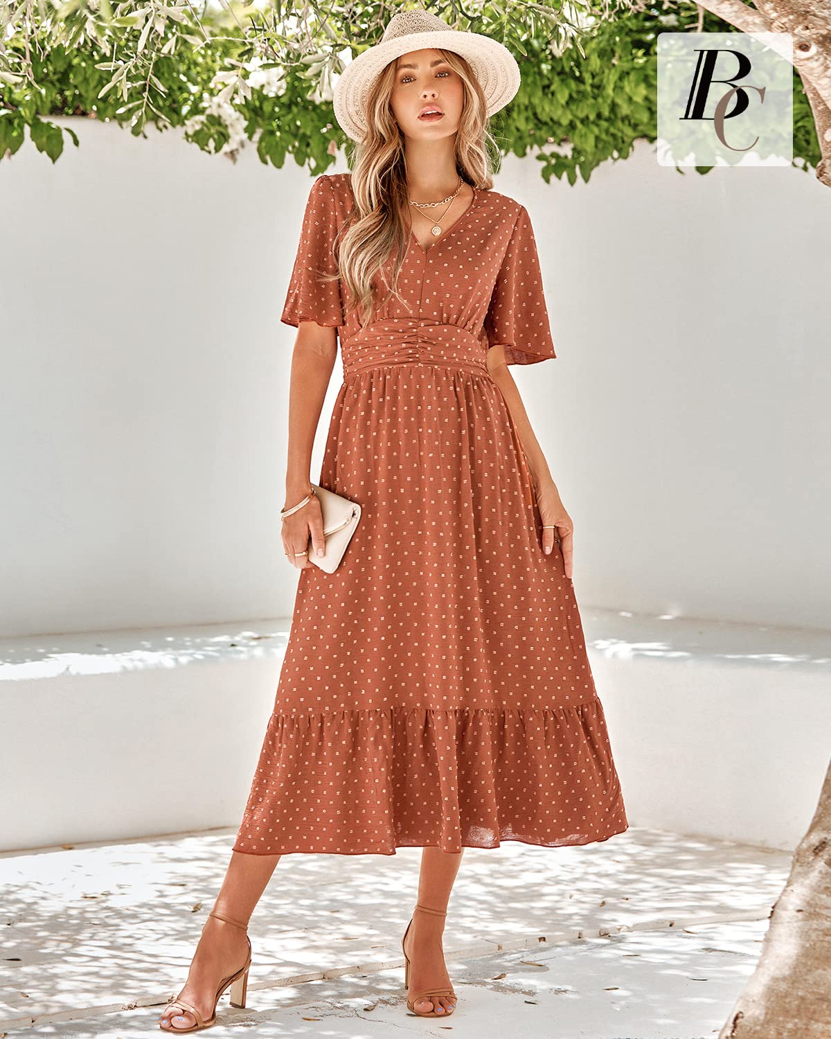 BebreezChic Letnia sukienka damska, długa, w stylu boho, elegancka sukienka z krótkim rękawem, dekolt w serek, wysoka talia, szwajcarska kropka, marszczona sukienka plażowa