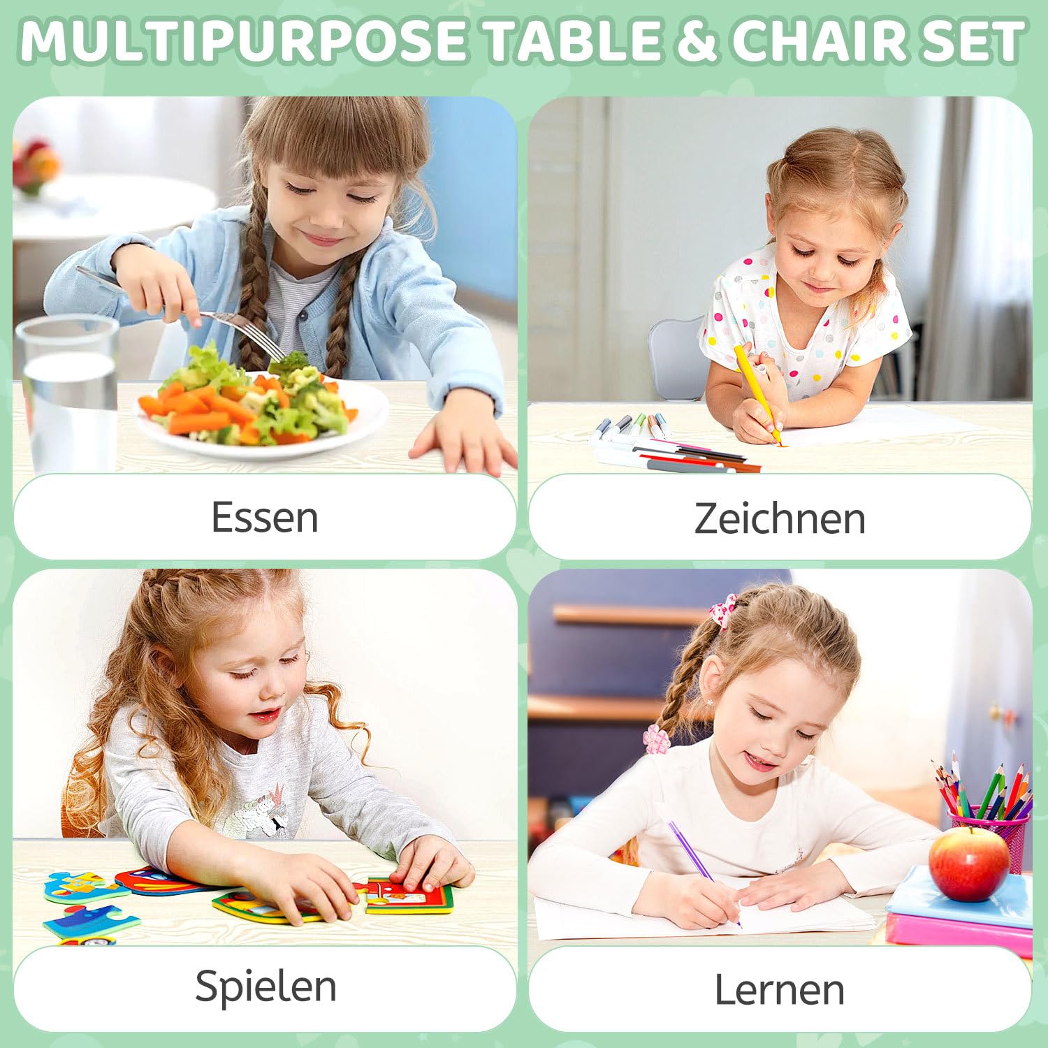 Tavolo per bambini con 2 sedie, altezza regolabile in 7 posizioni, 80 x 60 cm