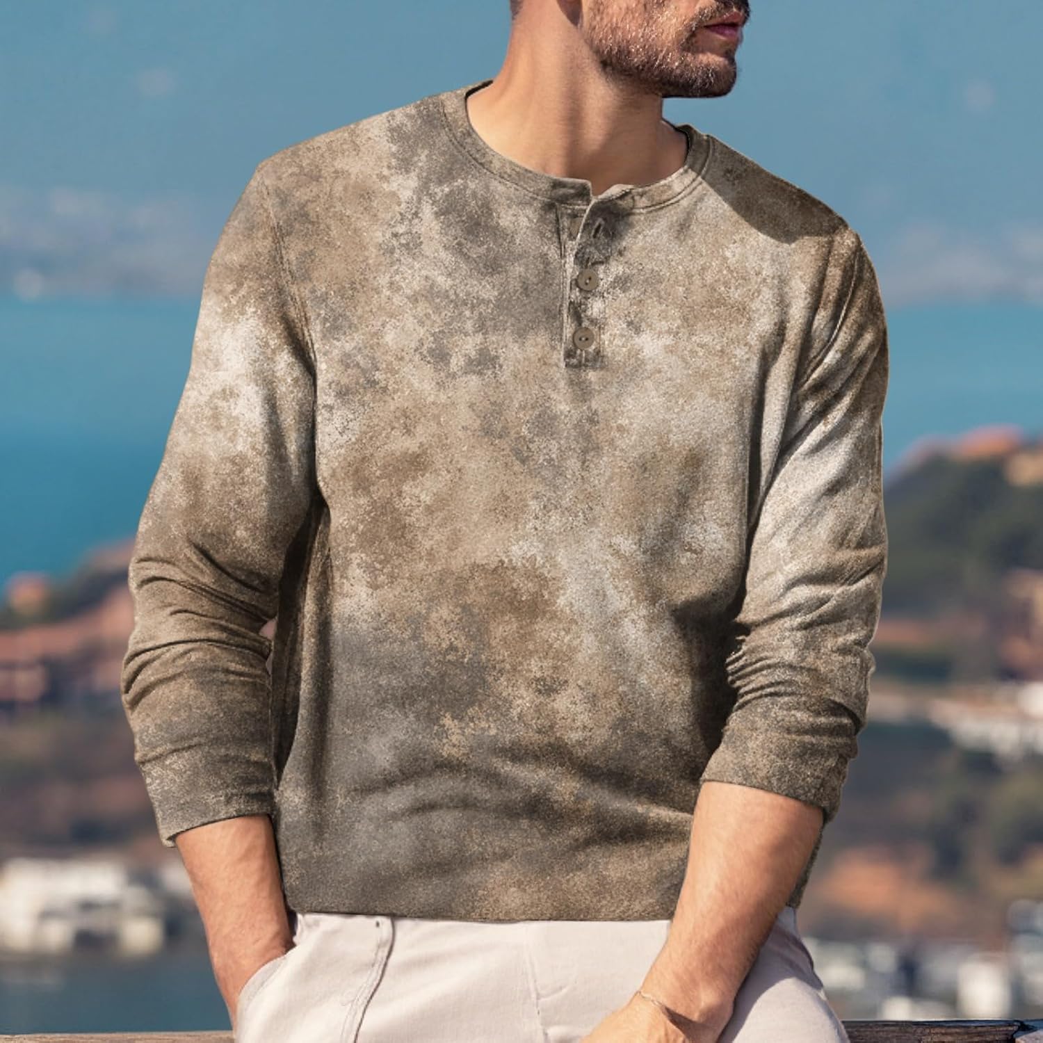 RTRDE Men's Casual Henley Shirts Long Sleeve Tie Dye Print Summer Basic Button T-Shirt, M-3XL