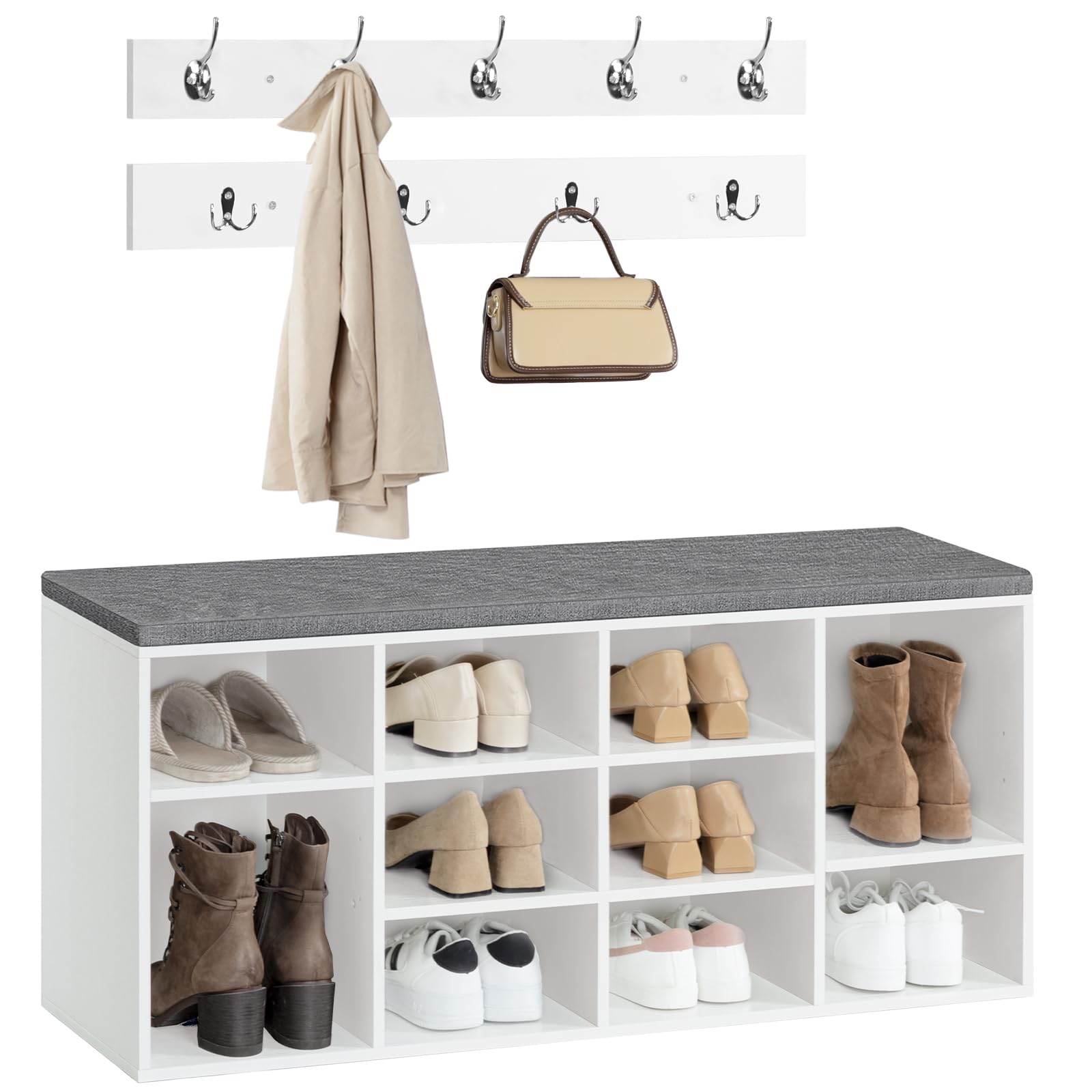 HOOBRO Schuhbank mit 10 Fächern, Schuhregal Set, Schuhregal mit gepolsterter Sitzbank mit Stauraum, Wandgarderobe mit 9 Haken, Schuhschrank für Flur, Eingangsbereich, Schlafzimmer EWT110HX01