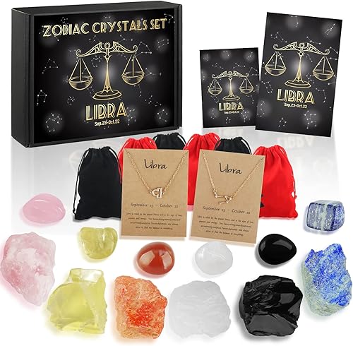 Juego de 14 cristales del zodiaco Libra, caja de regalo de cumpleaños de astrología, piedras curativas para bruja, 6 piedras de horóscopo, 1 collar
