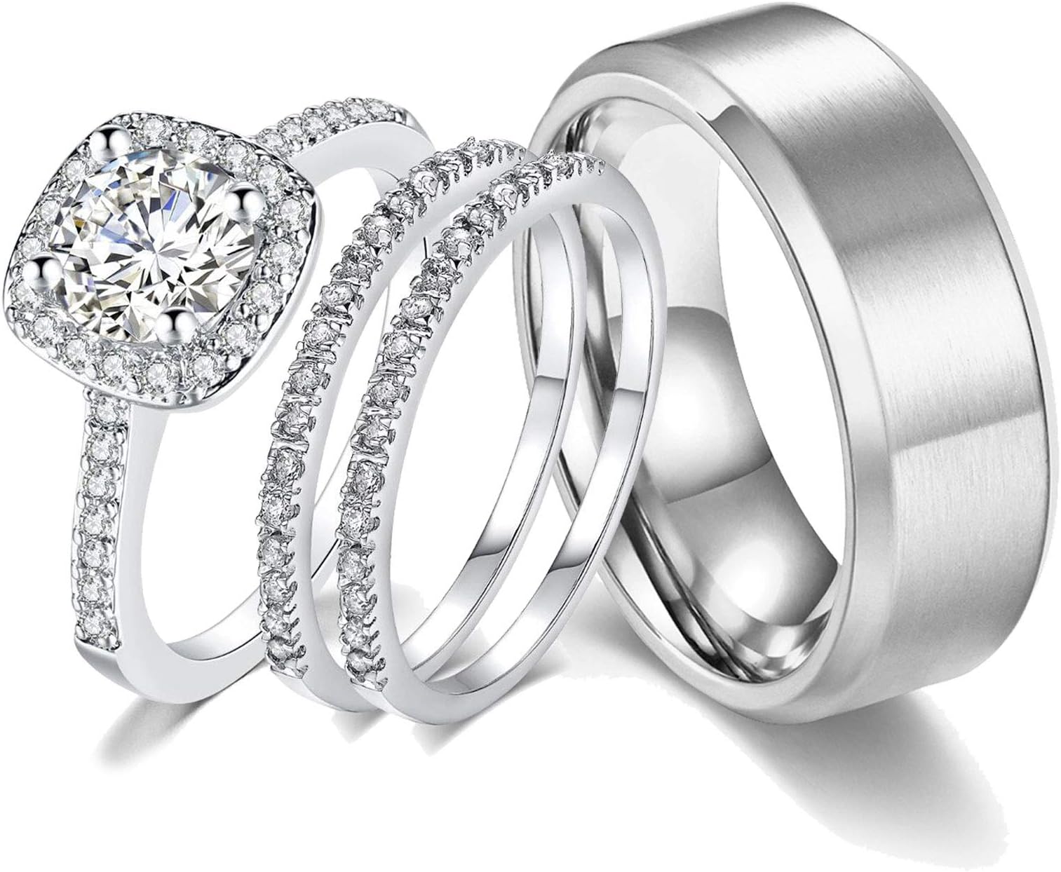18k White Gold Plated Wedding Ring Sets for Him and Her Womens Mens Titanium Stainless Steel Bands 2Ct Cz Couple Rings