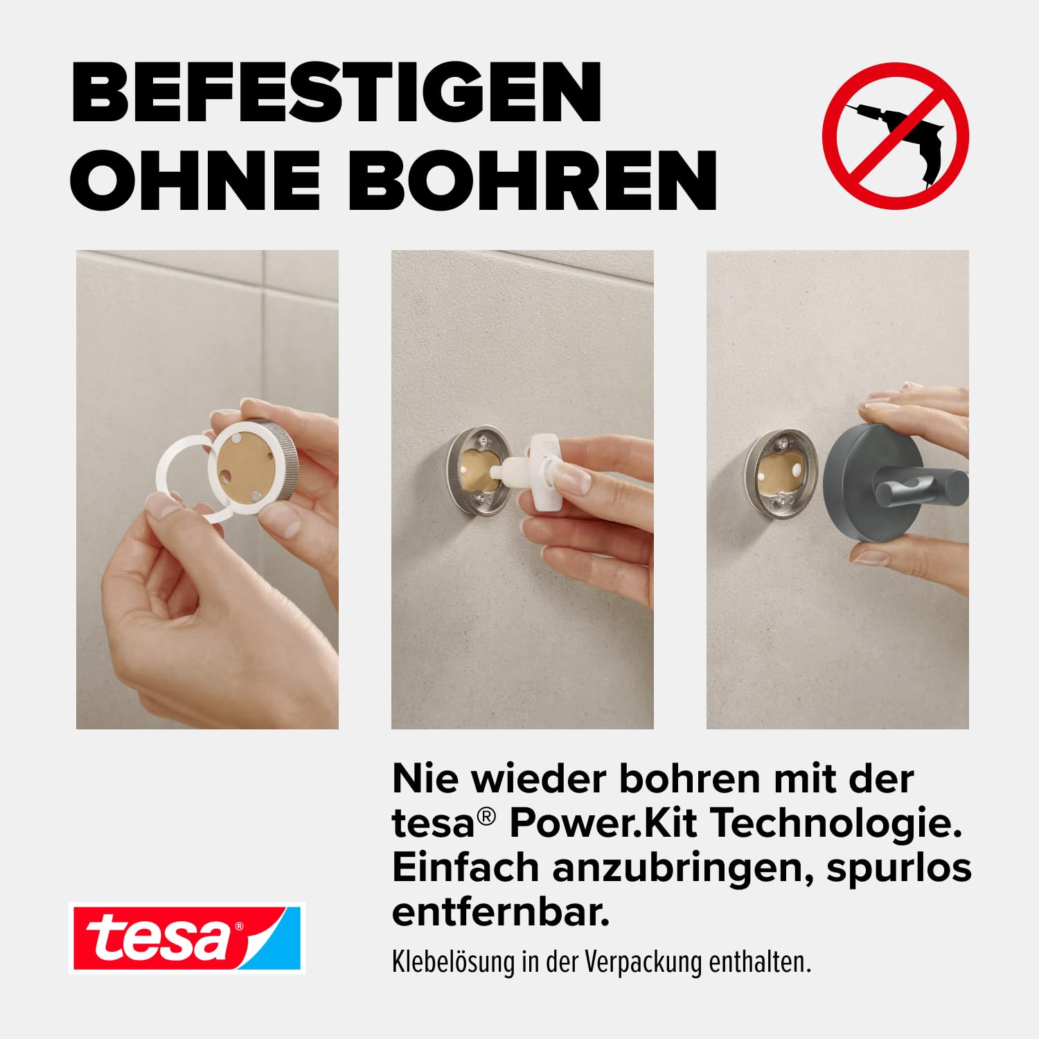 tesa MOON GREY Duschablage zur Wandmontage ohne Bohren, grau matt - einstöckig und extra tief - für Bäder im Industrial Style und moderne Badezimmer - mit Klebelösung - 250mm x 92mm x 125mm