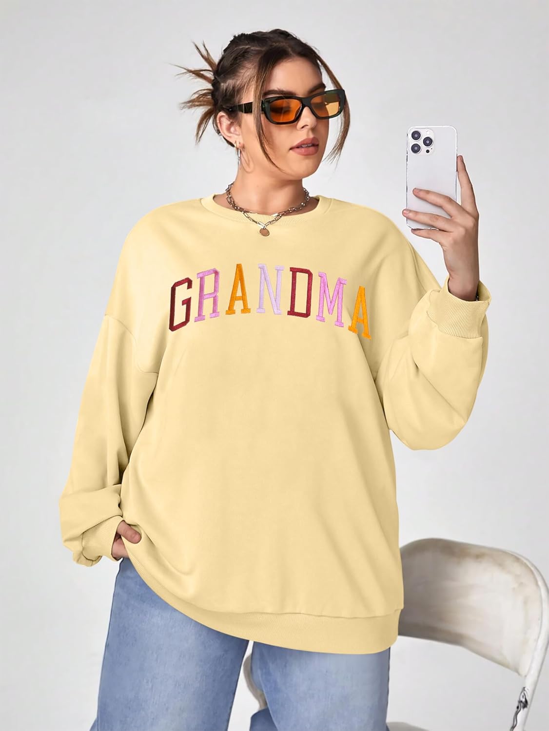 YI XIANG RAN Grandma Sweatshirt for Women - Embroidered Long Sleeve Pullover Top, Oversized - Image 5