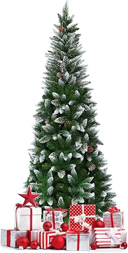 Miniatura 10 de BestComfort Árbol de Navidad artificial de 5 pies con 421 puntas de ramas nevadas 21 conos de pino árbol de Navidad delgado con soporte de metal
