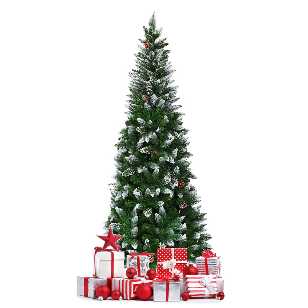 COSTWAY Árbol de Navidad Slim/Estrecho 180cm, Arbol de Navidad Nevado con 29 Piñas, Pino Cubierto de Nieve, PVC de 630 Puntas, Arvore de Natal Soporte de Metal, Hogar Oficina Fiesta (180 cm)
