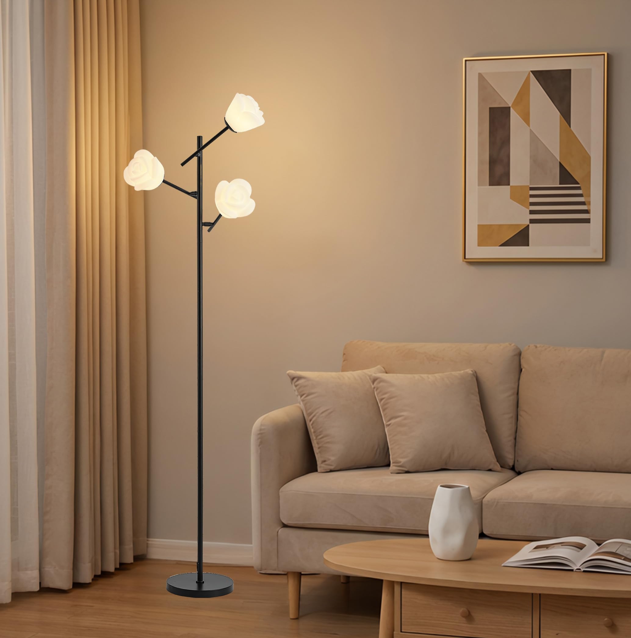 Fiqevs Mid Century Modern Floor Lamp with 3 Adjustable Flower Shade - Floral LED Standing Light with Foot Switch &amp; Light Bulb, Sputnik Tree Lamp for Living Rooms Bedrooms - Black