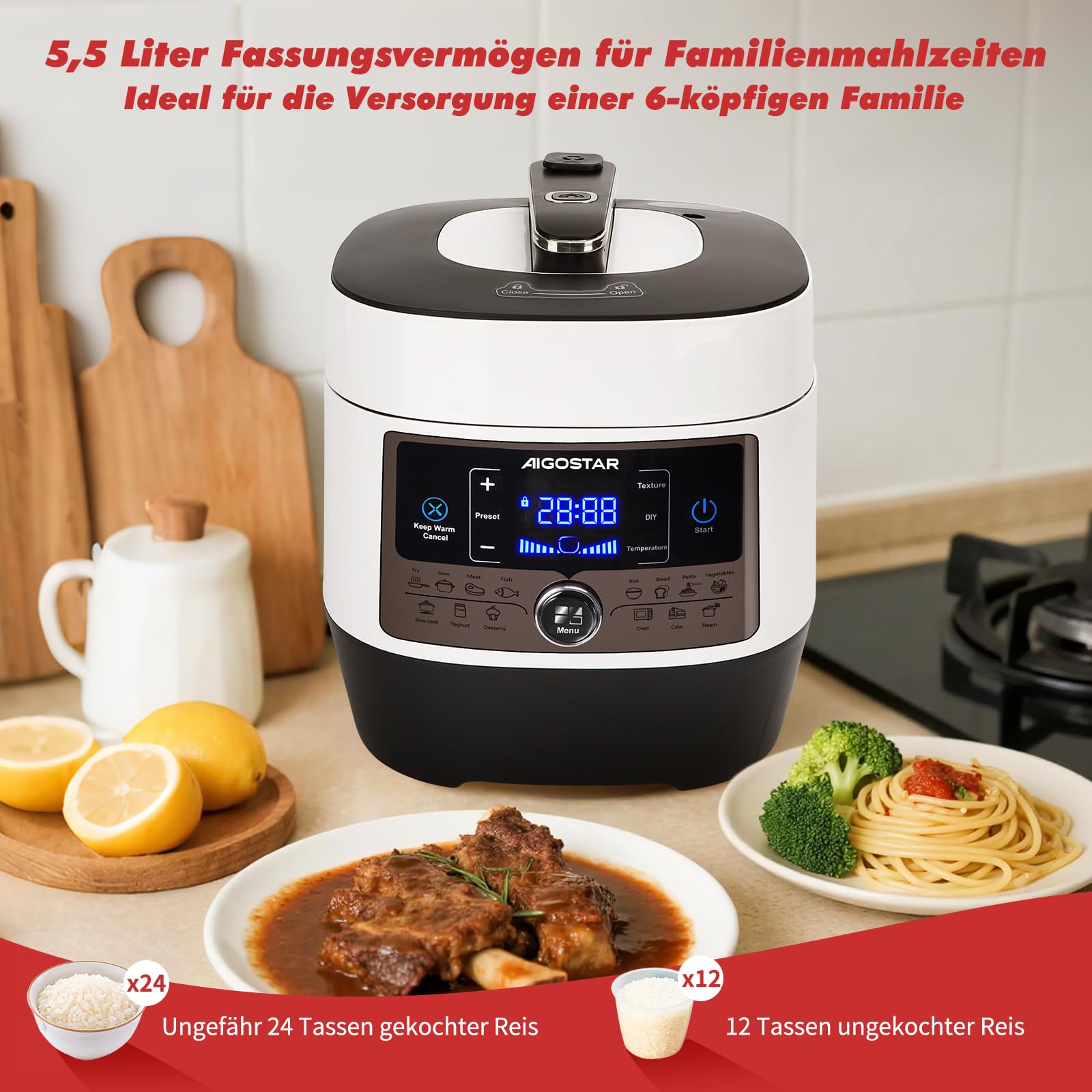 Aigostar Panda - 7-in-1 Schnellkochtopf, 5,5 L Multikocher Pressure Cooker, 14 Automatik-Programme, LED-Panel, Druckeinstellungen, Timer und Warmfunktion, Antihaftbeschichteter, 1000 W