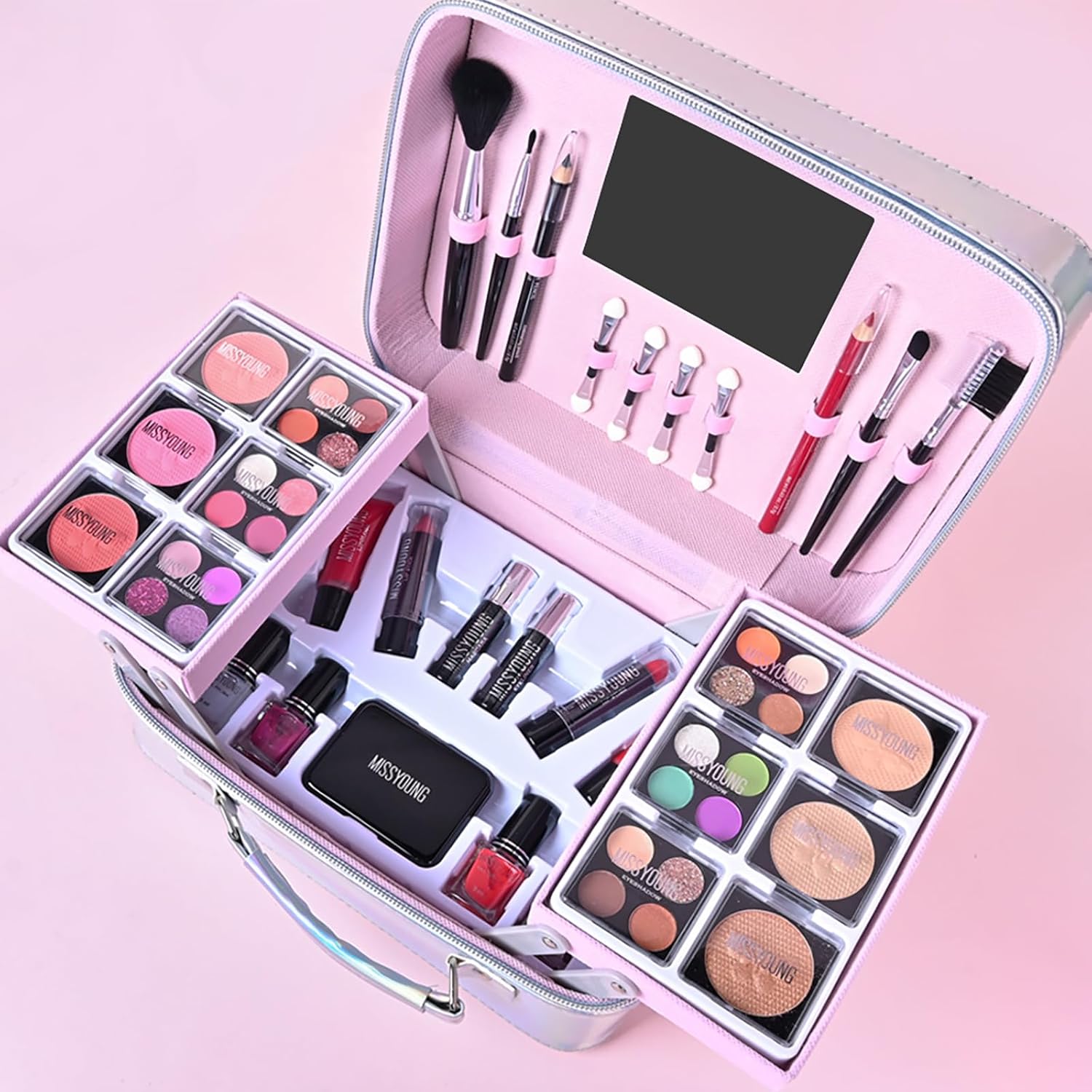 All-in-One Makeup Kit with silvery Storage Case: Complete Cosmetic Set of 6 Eyeshadow Palettes, Blush, Lipstick, Brushes & Portable Makeup Organizer