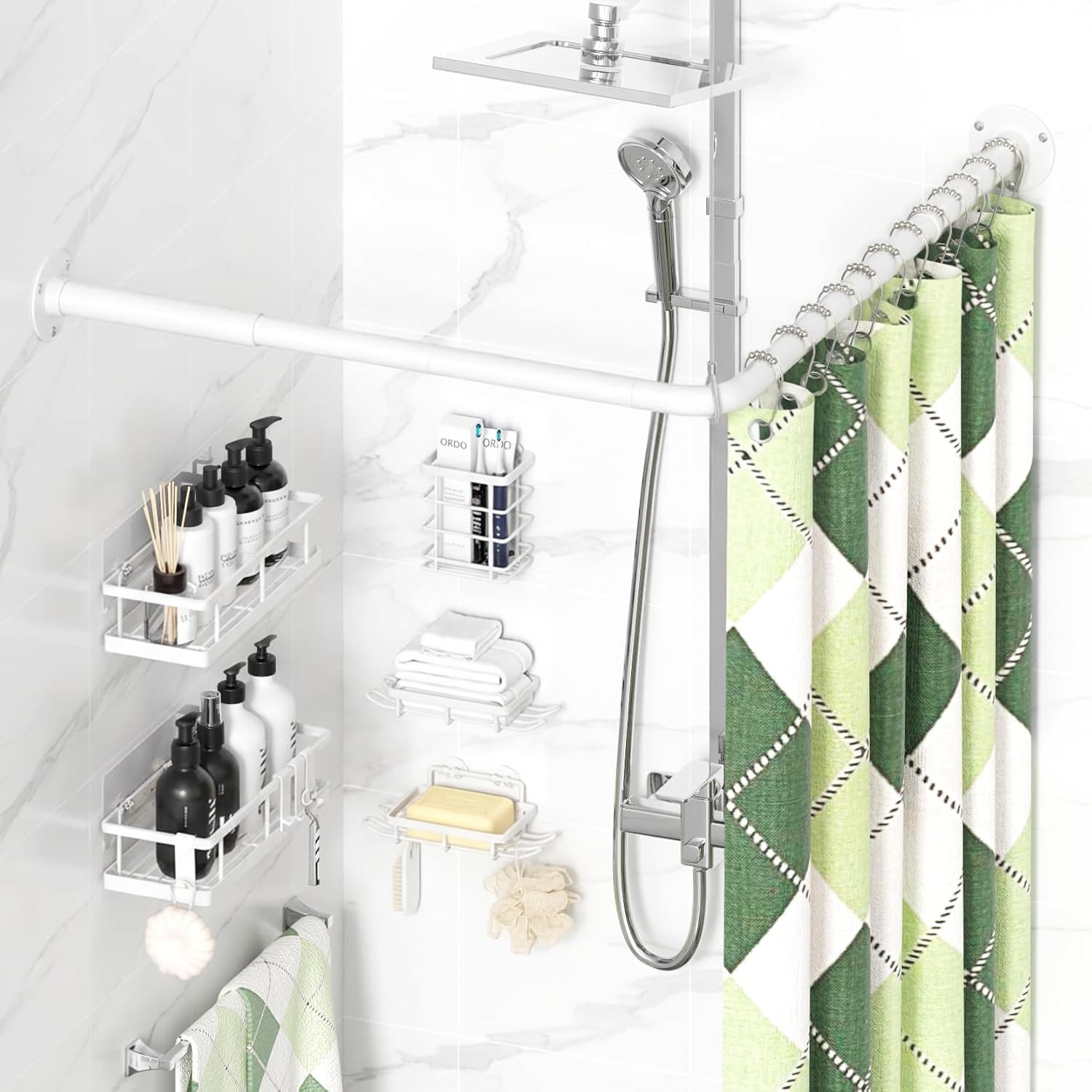 L Shaped Shower Curtain Rods, Adjustable (23''-69'' X 23''-69'') Corner Shower Rod with 12 Shower Curtain Rings, All 304 Stainless Steel, for Bathroom, Bathtub, Clothing Store, Need to Drill, White