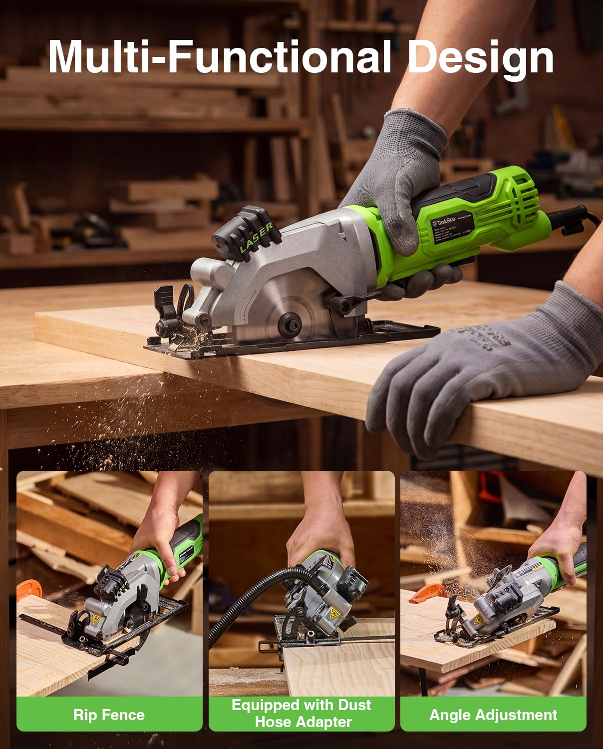 TaskStar Mini Circular Saw - Laser Guide & 3 Blades -4