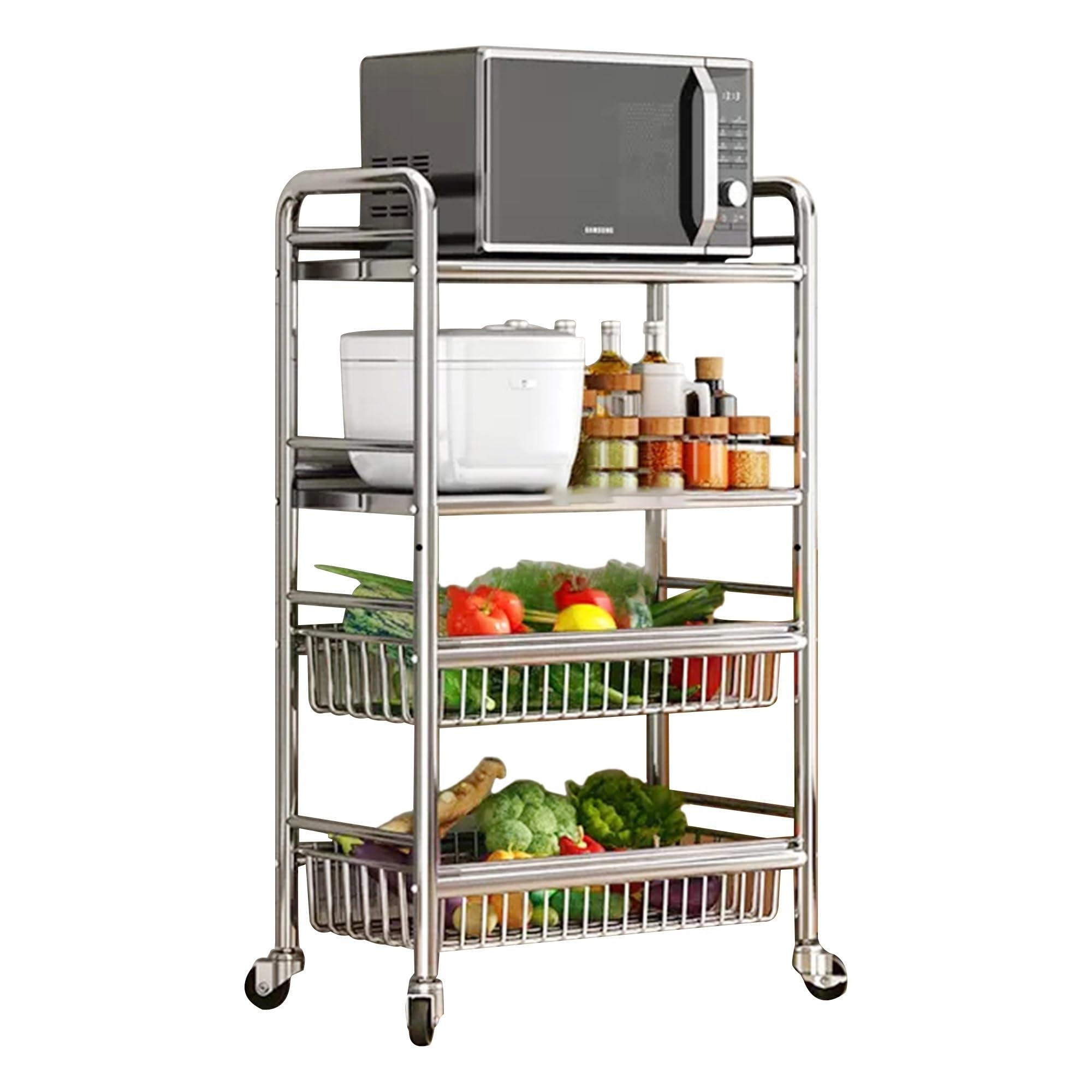 Stainless Steel 304 Kitchen Cart with Wheels Multi-Functional Rolling Utility Trolley Mesh Basket &amp; Pantry Shelf for Fruits Vegetables Onions &amp; Potatoes Storage,B-58 * 37.5 * 107cm