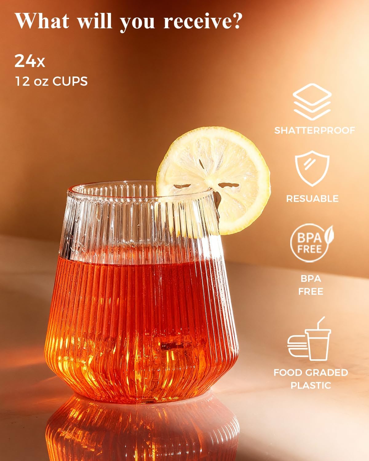 BESTSTAR 48 Pack Disposable Ribbed Origami Ripple Plastic Glasses Set - 24 9 OZ Stemless Champagne Flutes & 24 12OZ Cups, BPA-Free Shatterproof Clear Drinkware for Weddings, Parties & Events (Clear)