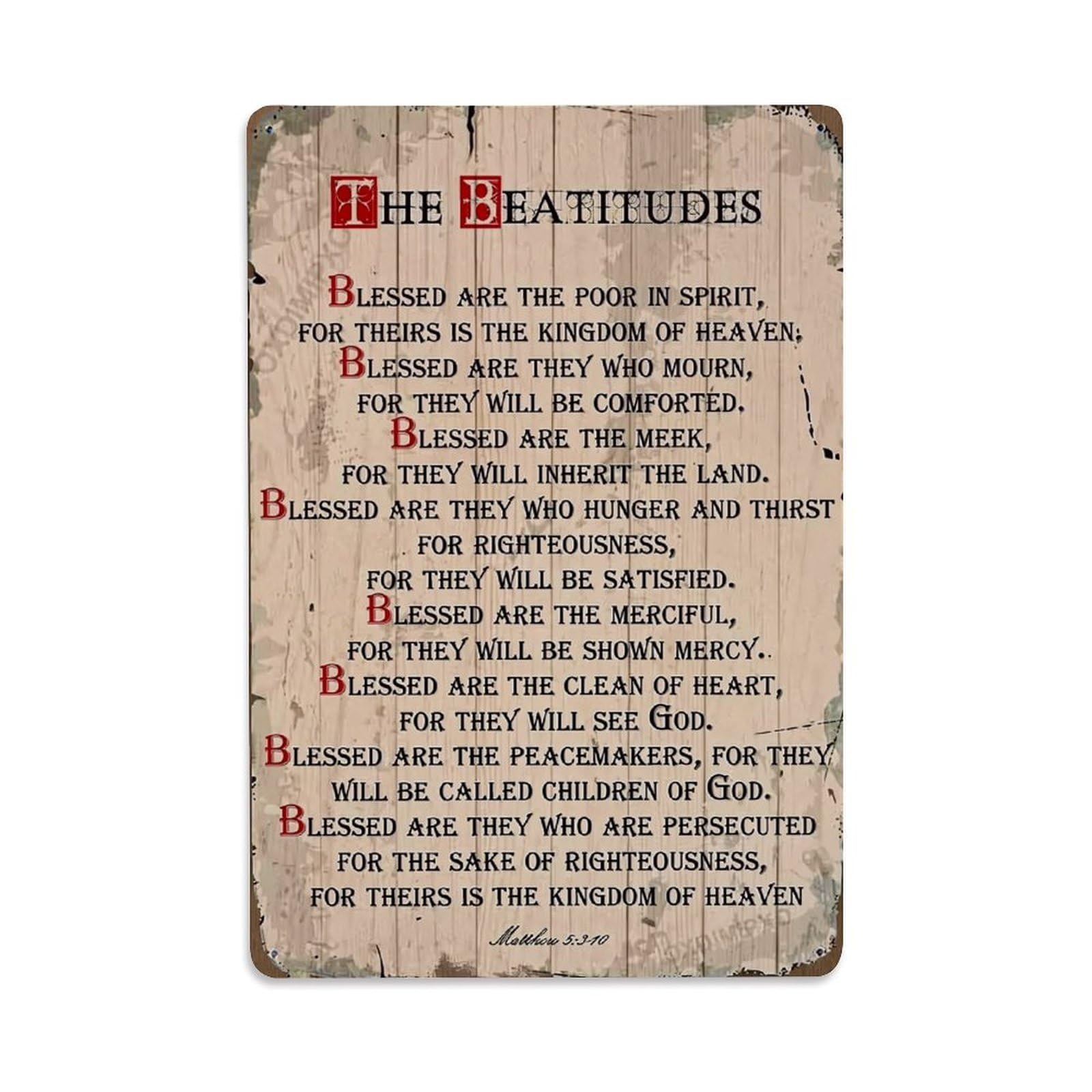 The Beatitudes Scripture Print Retro Metal Tin Sign, Vintage Decor Art Poster for Bar, Home, Man Cave, Kitchen, Laundry Room Gift 8x12Inch