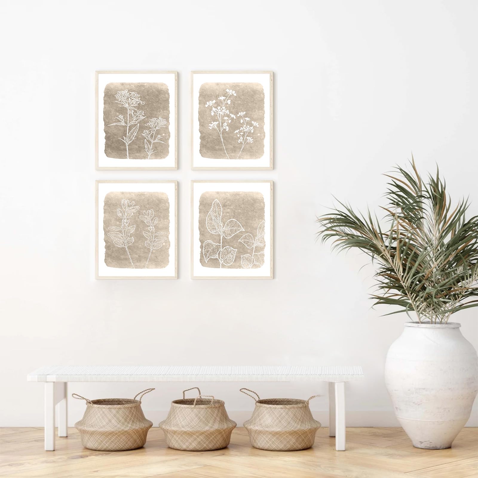 HPNIUB Leinwand-Wandkunst-Set – 3 Botanische Vintage-Bilder, 16x61 Cm, Neutrale Blumenmotive Für Wohnzimmer & Schlafzimmer