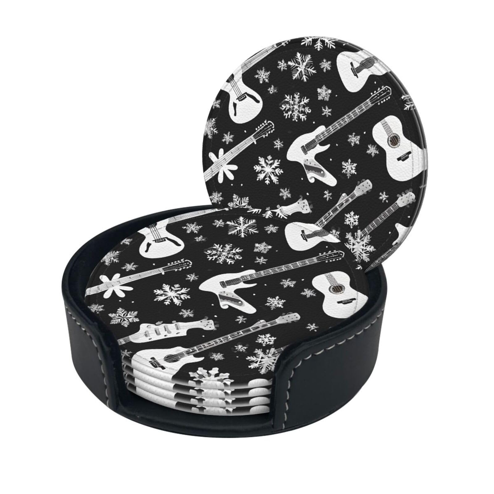 Guitar Pattern Print Coaster,Round Leather Coasters with Storage Box for Wine Mugs,Cold Drinks and Cups Tabletop Protection (6 Piece)