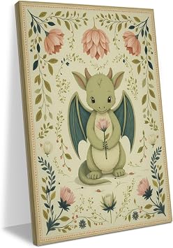 Cute Dragon Nursery Decor Vintage Art Wall Decor Canvas Wall Art Framed Prints Artwork Painting for Whimsical Nursery Rustic Cottage Flowers Decorations Paintings Pictures11.5X14.5Inch