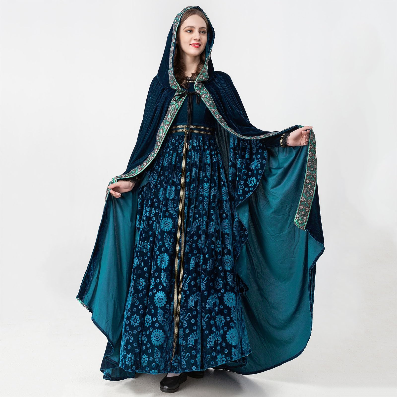 Vestidos Mujer Disfraz Halloween Mujer - Conjunto De 2 Piezas De Encaje De Manga Larga con Cuello Redondo para Mujer Vestido Retro De Cosplay Gran Maxi para Vestido De Cosplay con Capa