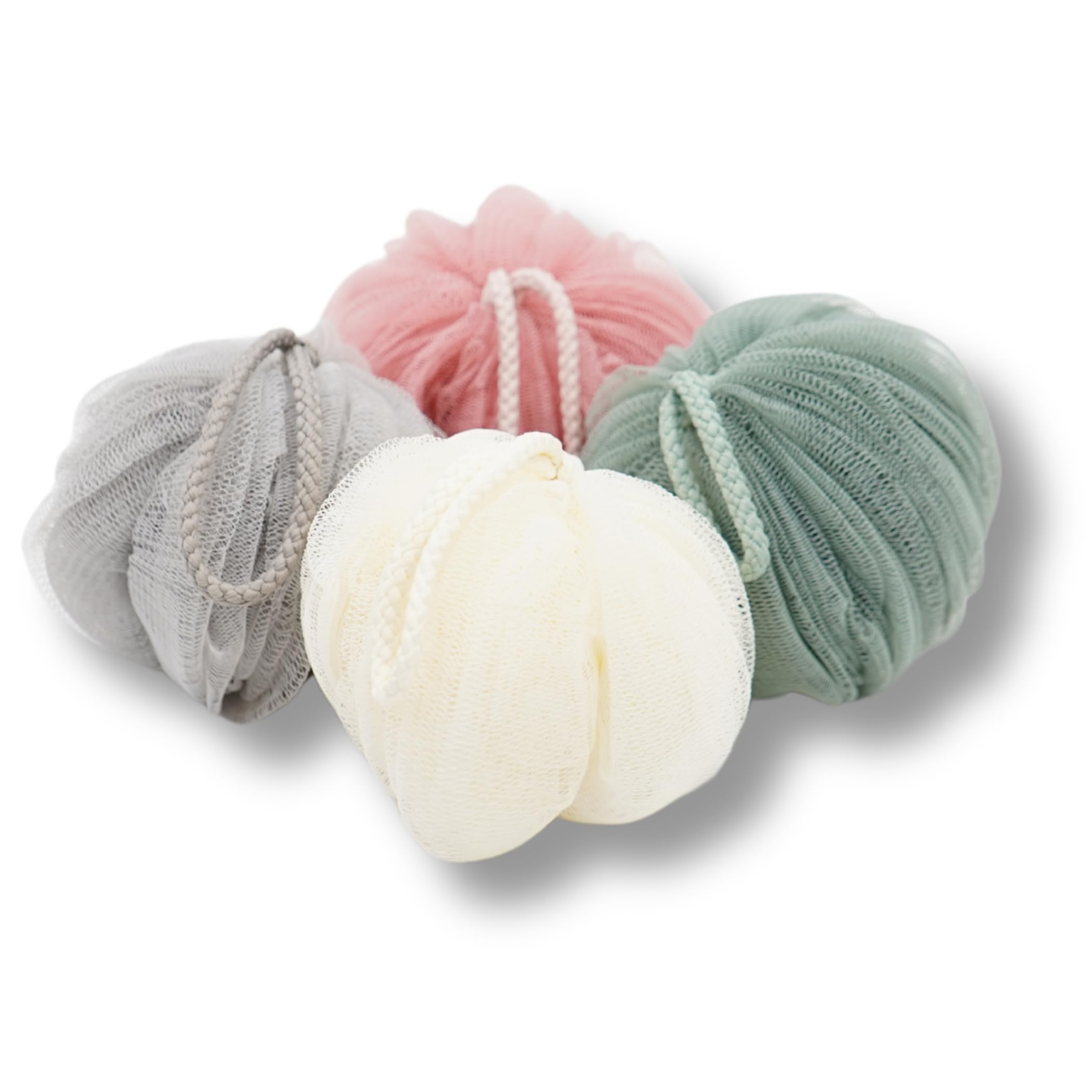 AG Daily Essentials Pack of 4 Shower Loofah Sponge Body Scrubber, Shower Scrubber for Men Women Bath Sponges Mesh Balls, Body Wash Scrubber for Use in Shower (MultiColor1)
