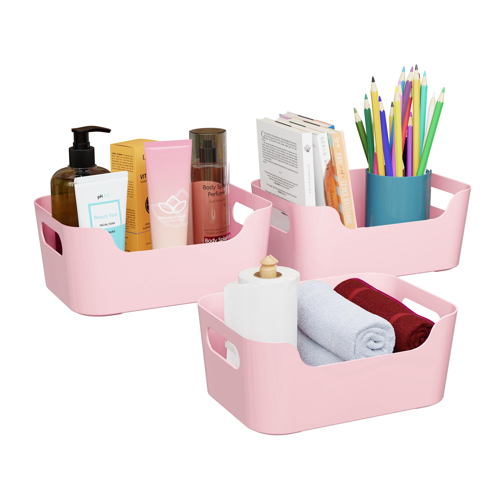 TEX-RO Storage Box and Organiser | Storage Organiser | Organizer Storage Box for Home & Kitchen | Durable Storage Basket & Plastic Basket for Storage (Pack of 3, Light Pink)
