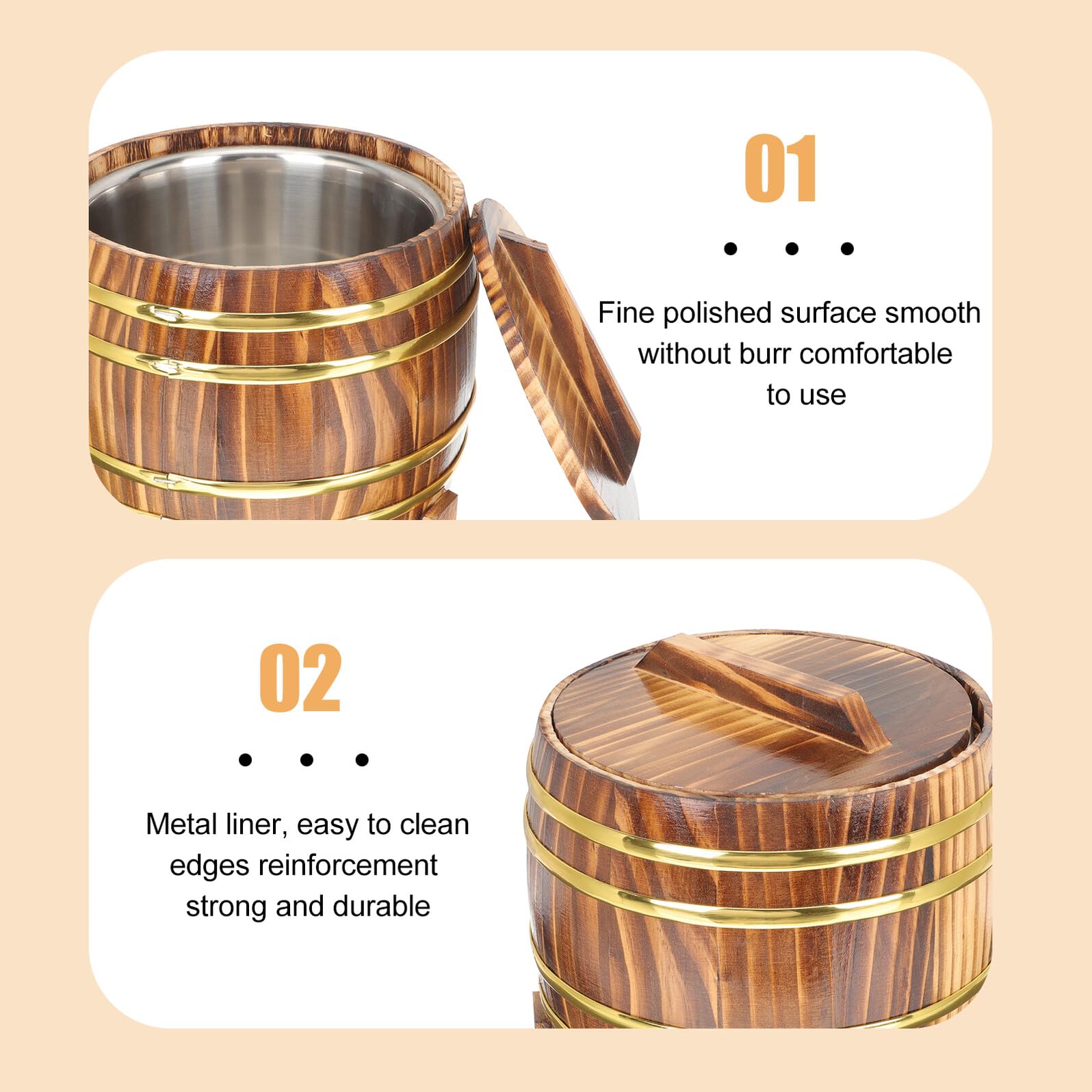 Cabilock Secchio per Riso al Vapore in Legno 18 CM Coperchio e Interno in Acciaio Resistente Contenitore Rotondo per Riso Domestico Adatto per Cucina Casalinga Ristoranti e Sushi