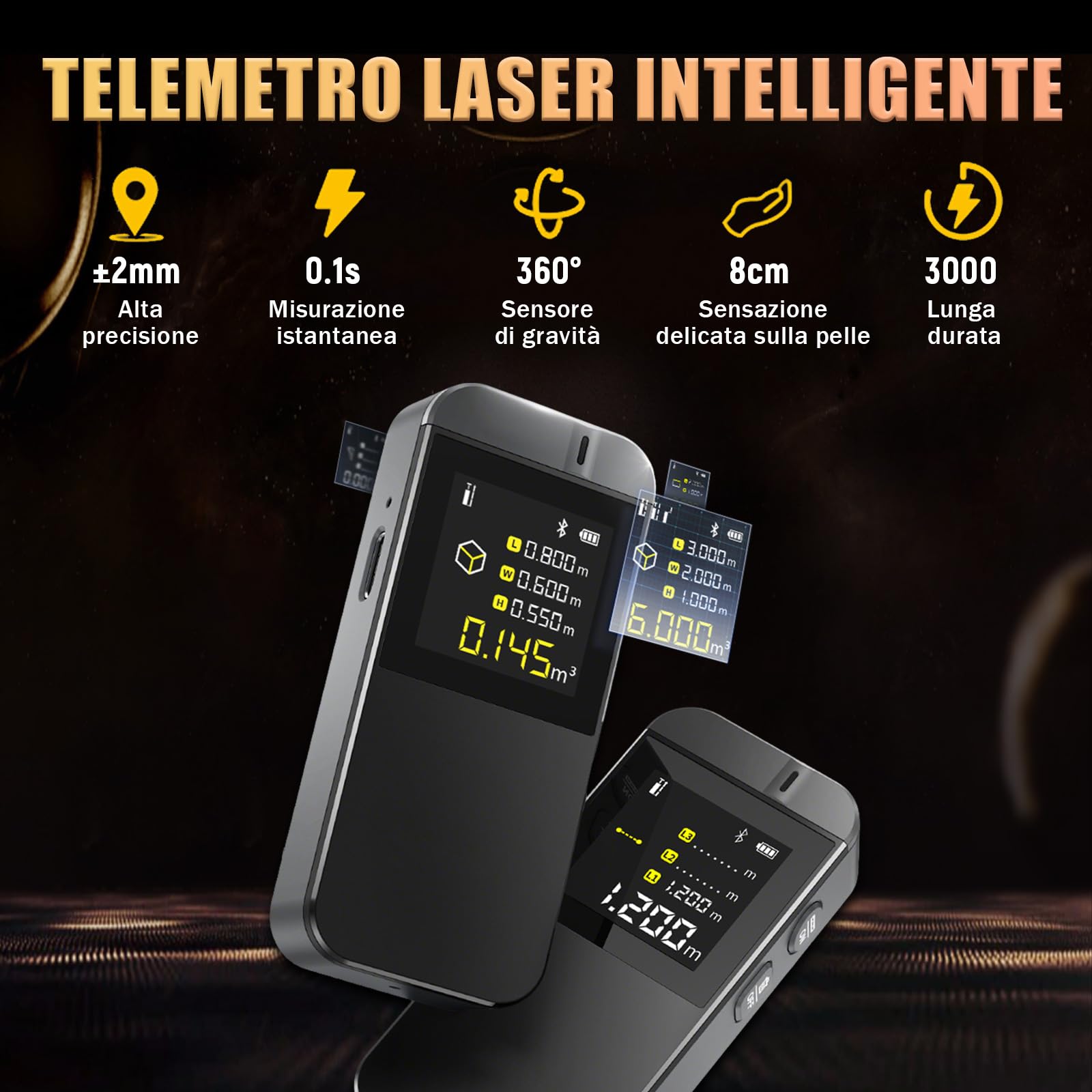 Metro Laser IR40 40m, Precisione ±2mm, Misuratore Laser Distanza con Bluetooth, Display Auto-Rotante, 8 Modalità, Batteria Ricaricabile, per fai-da-te, Misura Distanza, Superficie, Volume e Altezza