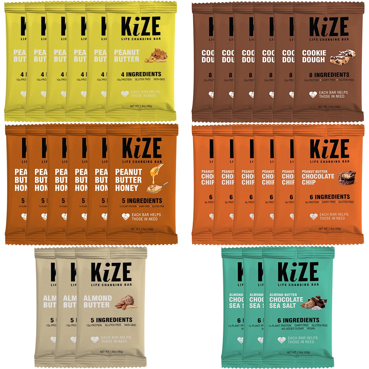 KiZE Energy Bar, Best Sellers Variety Pack, 30-Count Pack, 4-8 Clean & Simple Real Food Ingredients, 7-10g Protein, Gluten Free, Non-GMO, Soy Free, Mission Based, High Protein Snacks (30 Count)