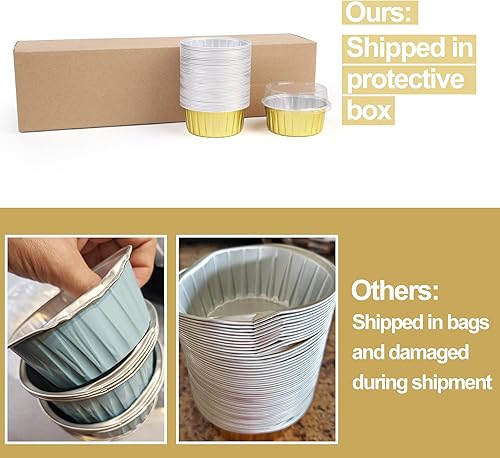 Miniatura 6 de LotFancy Tazas para hornear de papel de aluminio con tapas y cucharas, 5 onzas, 50 moldes desechables de crema brulee, recipientes de aluminio aptos