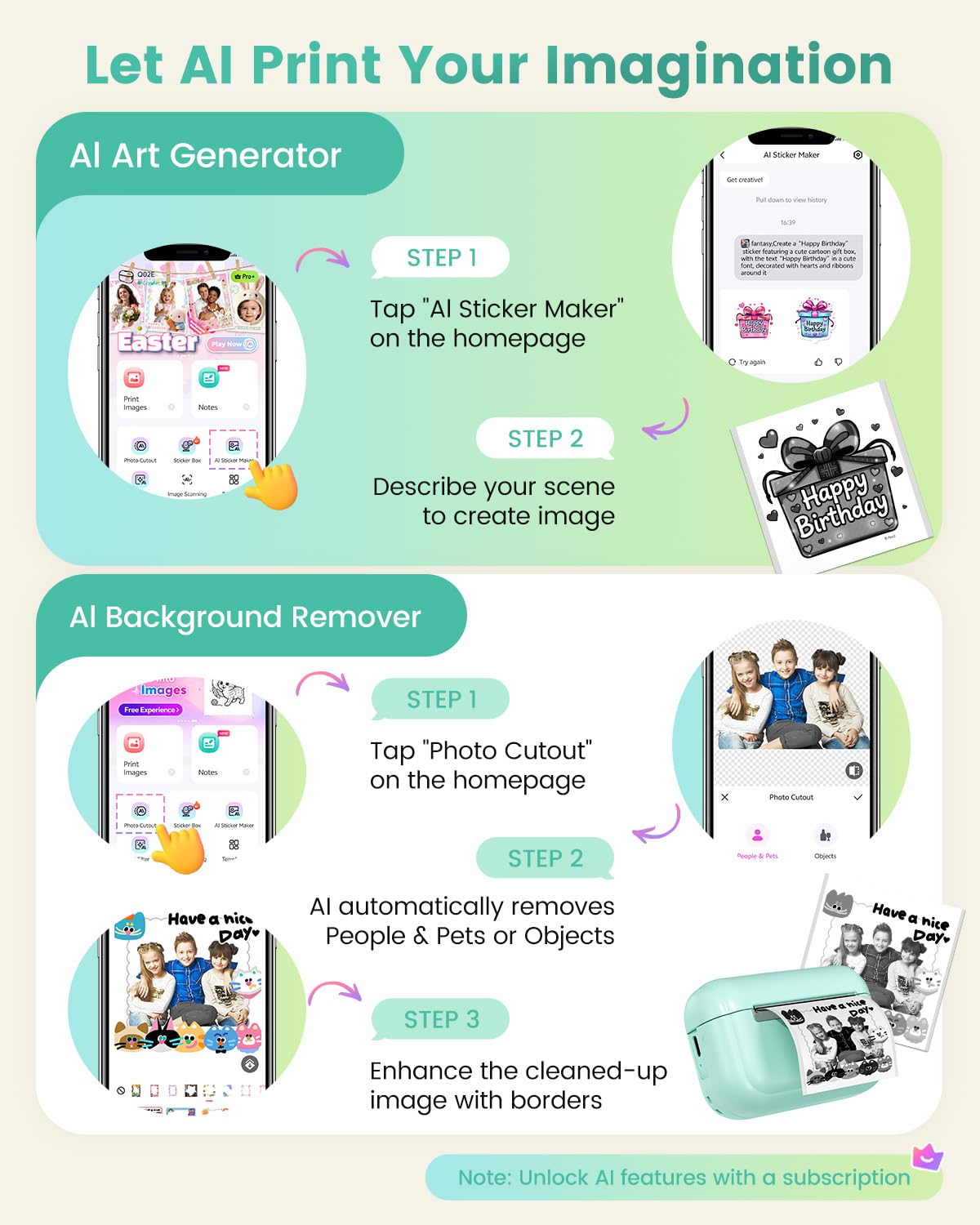 Memoking Mini Impresora térmica portátil con 3 Rollos de Papel Adhesivo, Q02E Bluetooth Impresora de Pegatinas para Estudiantes, para Notas de Estudio, Fotos, creación, anatómicos, Regalo (Verde)