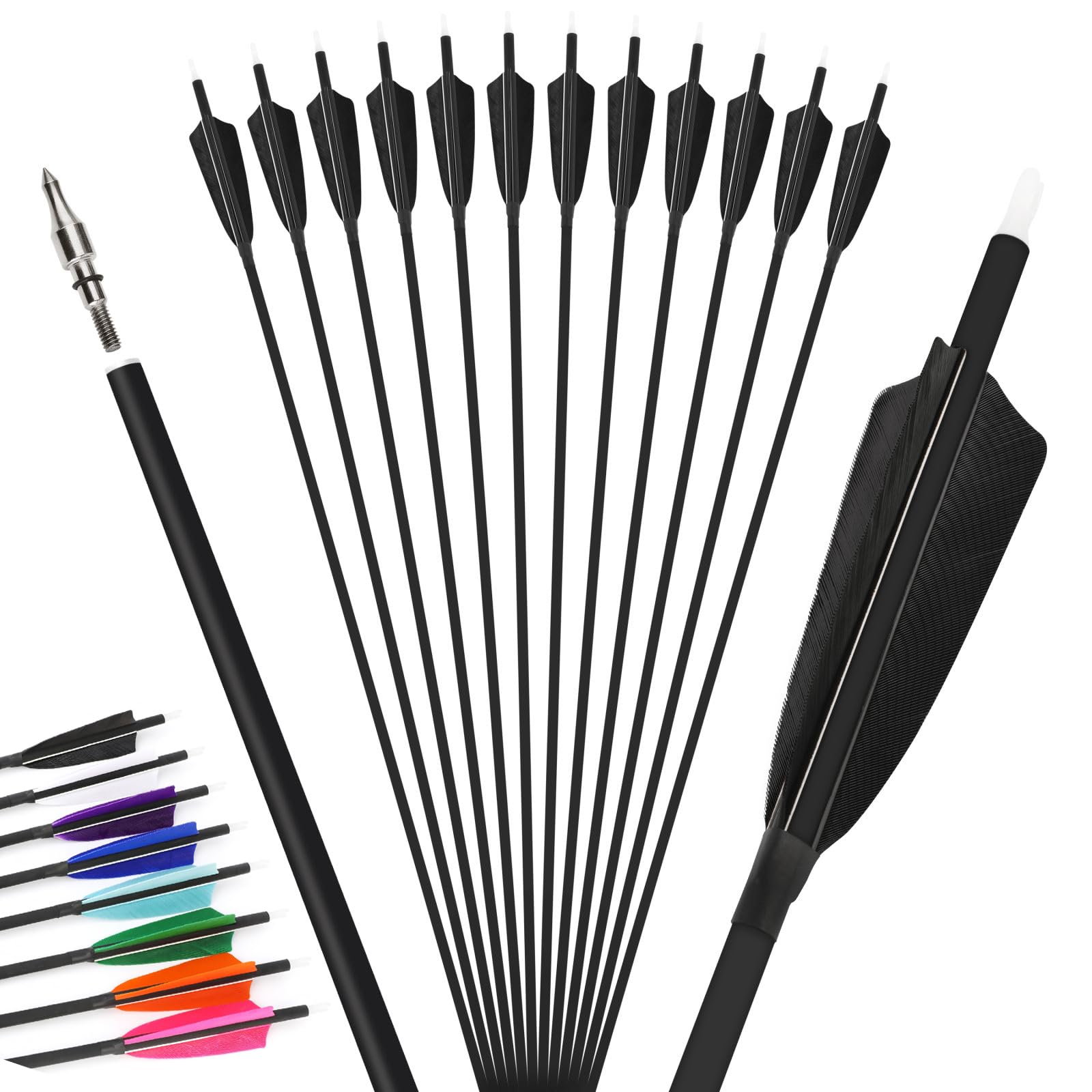 12Pcs 4inch Turkey Feather Mixed Carbon Arrow 500 Spine Archery Hunting Arrows Suit for Compound/Recurve Bow Target Practice Arrow (black, 31inch 6pcs) โ image 1