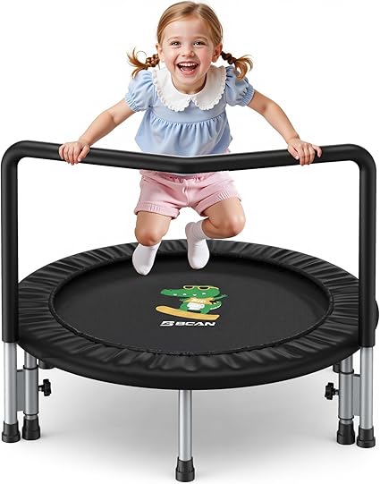 BCAN 36'' Mini Folding Ages 2 to 5 Toddler Trampoline with Handle for Kids, Two Ways to Assemble The Handle, Indoor/Garden Toddlers Trampoline with Super Safe Cover for Toddlers