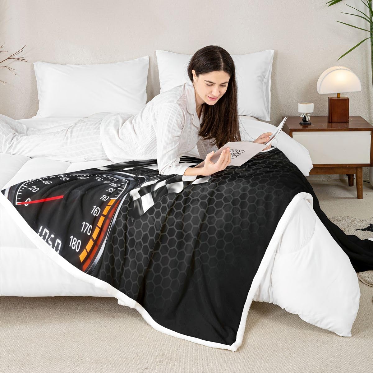 Racing Car Throw Blanket Black White Checkerboard Flag Bed Blanket for Kids Boys Teens Room Decor Honeycomb Hexagon Gaming Fleece Blanket Black Modern Fuzzy Blanket,for Chair/Sofa,40"x50"
