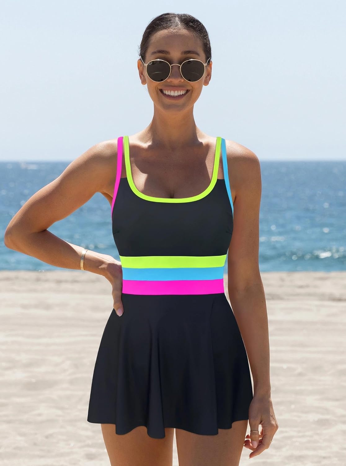 popvil Women One Piece Swimsuit with Skirt Tummy Control Bathing Suit Neon Color Block Swimdress Double Strap U Neck Swimwear - Image 5