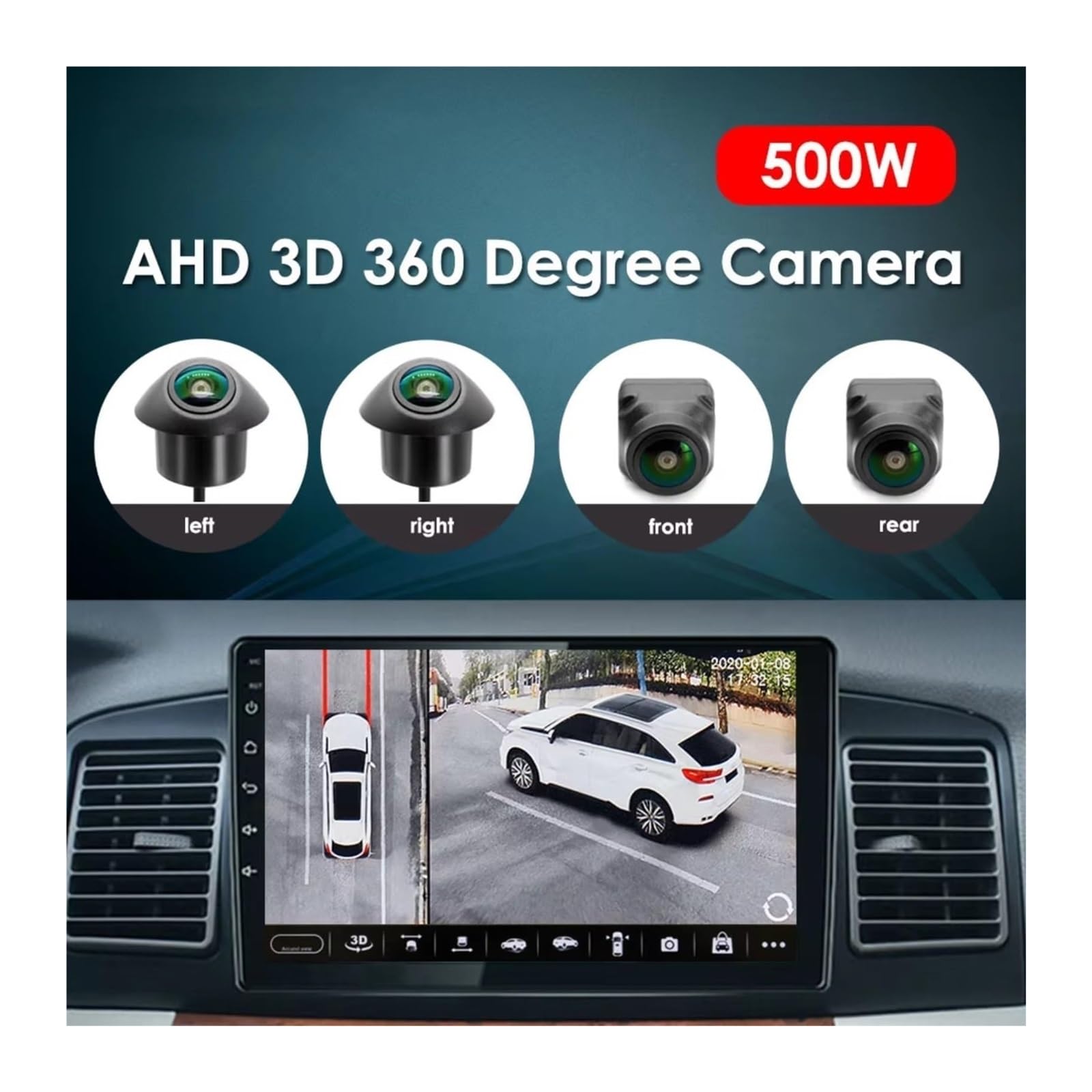 Cámara Coche 500W para Android con Aplicación 360 Integrada Visión 3D Sistema Imagen Panorámica Accesorios Cámara de Respaldo